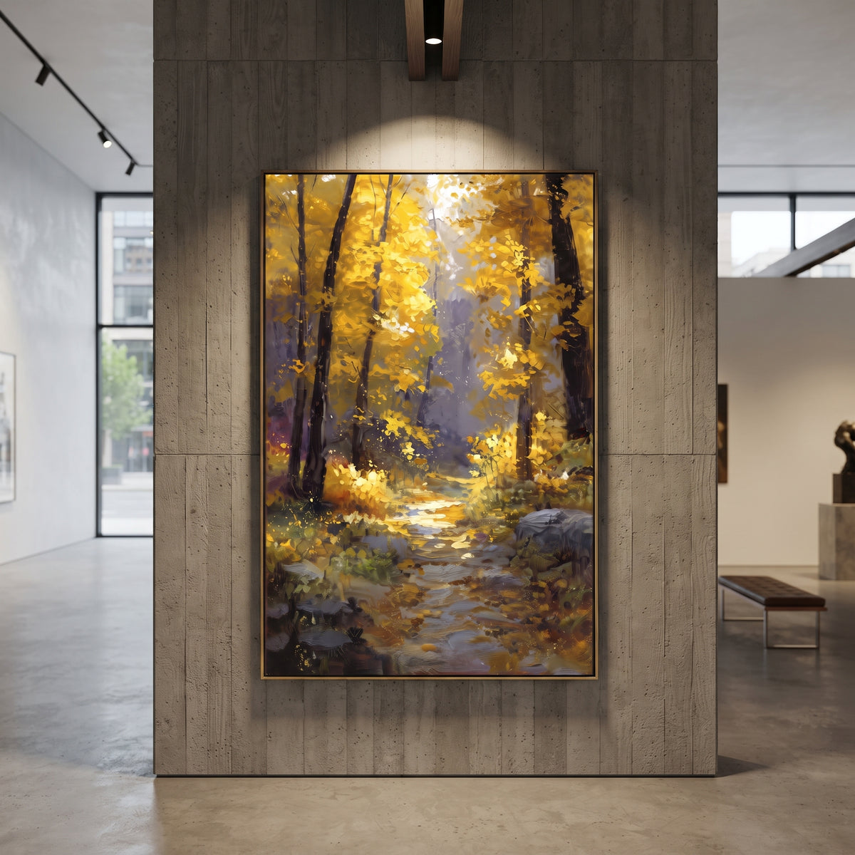 ARTWORK DETAILS Golden Forest Footpath Painting is built from the actual artwork image: narrow footpath under tall golden woodland light. The composition uses raised texture to separate tree trunks, leaf masses, ground movement, and soft background atmosphere, so the surface reads with real hand-painted depth from different viewing angles. The color direction is yellow, brown, gray, chosen to keep the autumn mood warm while still leaving enough pale air and cool contrast for modern interiors.