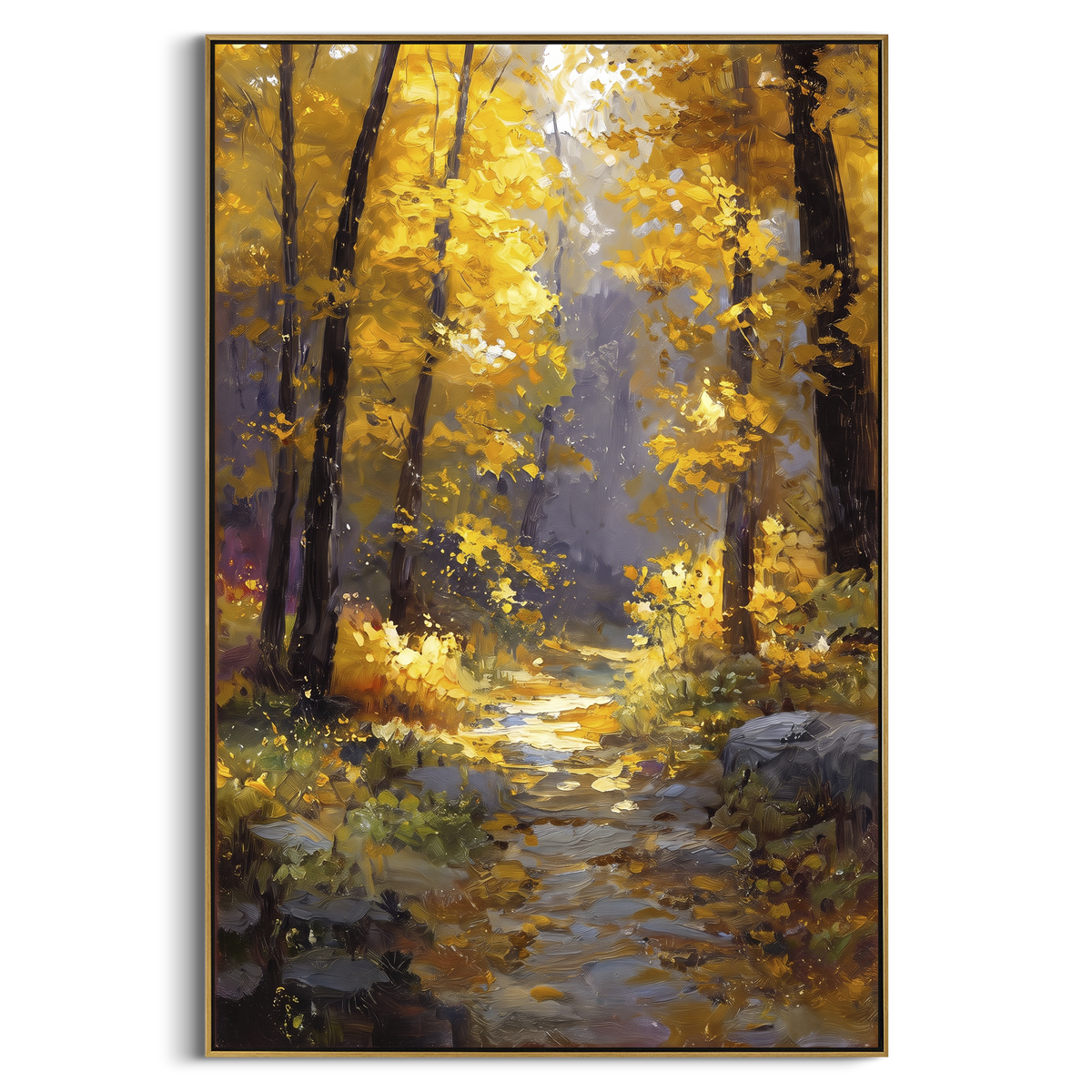 ARTWORK DETAILS Golden Forest Footpath Painting is built from the actual artwork image: narrow footpath under tall golden woodland light. The composition uses raised texture to separate tree trunks, leaf masses, ground movement, and soft background atmosphere, so the surface reads with real hand-painted depth from different viewing angles. The color direction is yellow, brown, gray, chosen to keep the autumn mood warm while still leaving enough pale air and cool contrast for modern interiors.
