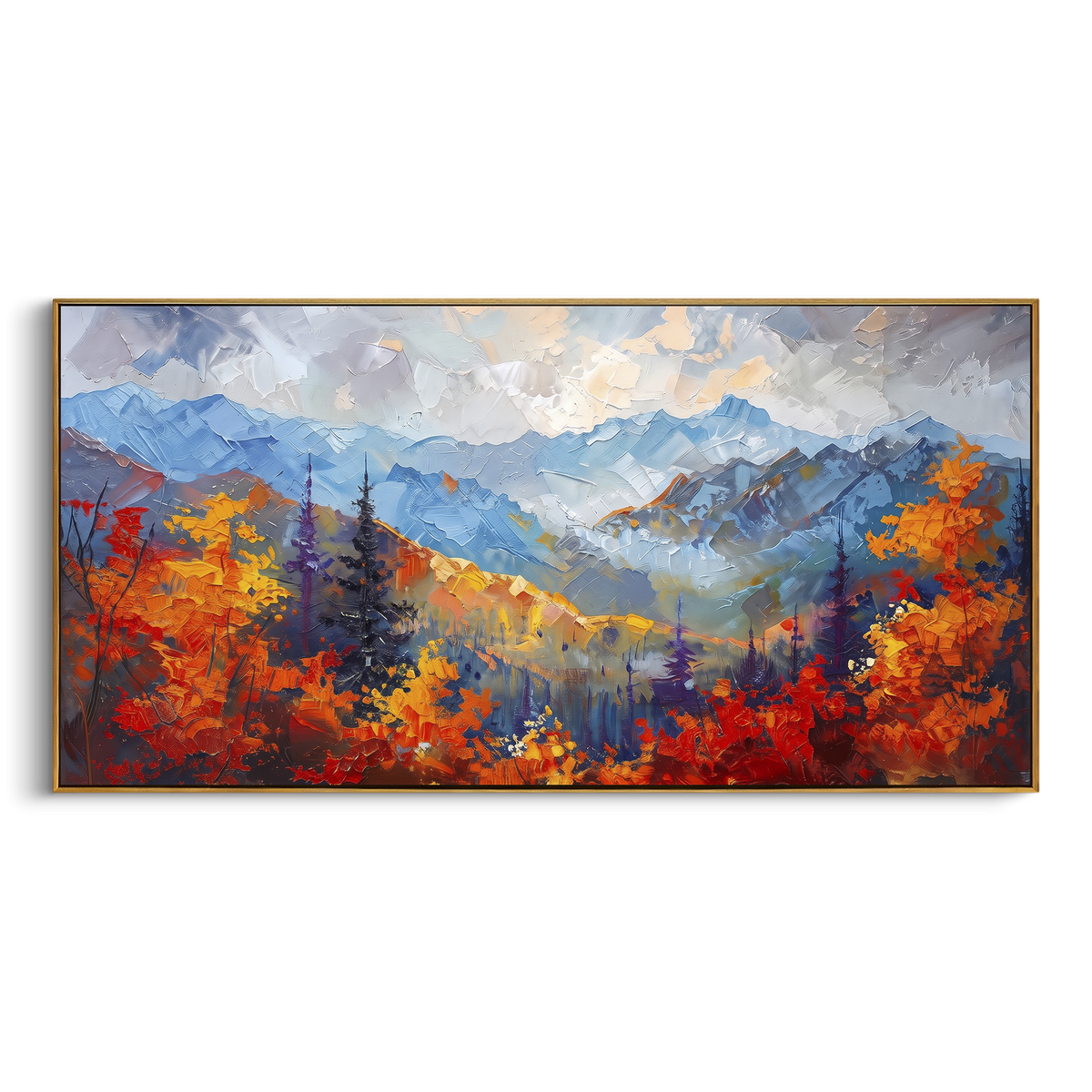 ARTWORK DETAILS Autumn Mountain Valley Painting is built from the actual artwork image: red autumn valley leading into blue mountain ridges. The composition uses raised texture to separate tree trunks, leaf masses, ground movement, and soft background atmosphere, so the surface reads with real hand-painted depth from different viewing angles. The color direction is red, blue, yellow, chosen to keep the autumn mood warm while still leaving enough pale air and cool contrast for modern interiors.