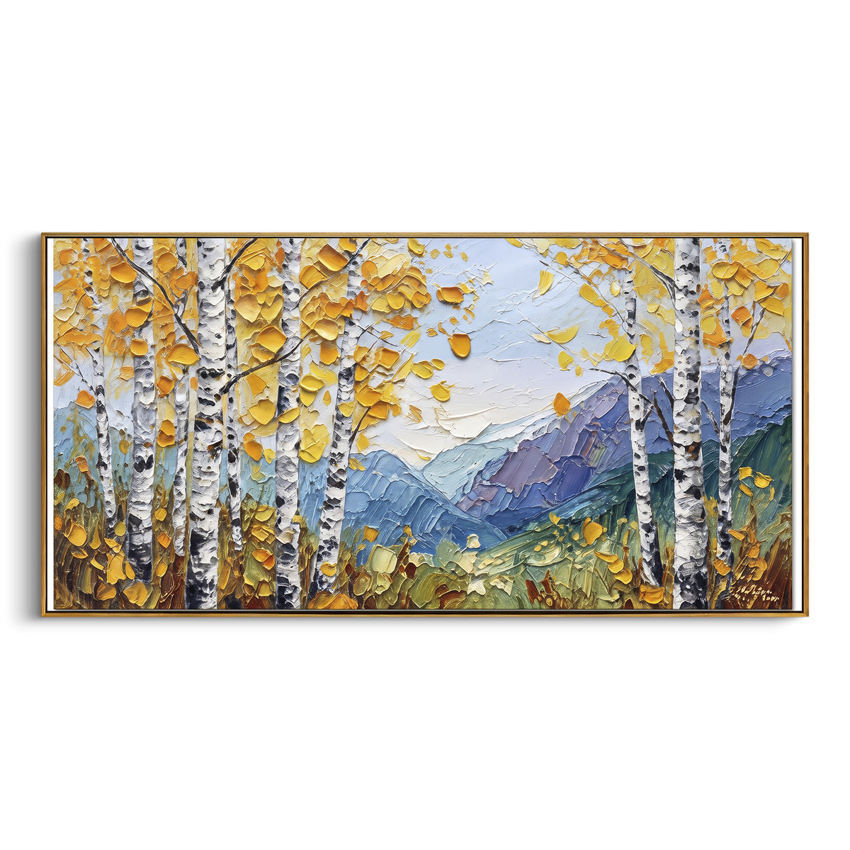 ARTWORK DETAILS Birch Mountain Meadow Painting is built from the actual artwork image: yellow birches beside blue mountains and green meadow. The composition uses raised texture to separate tree trunks, leaf masses, ground movement, and soft background atmosphere, so the surface reads with real hand-painted depth from different viewing angles. The color direction is yellow, blue, green, chosen to keep the autumn mood warm while still leaving enough pale air and cool contrast for modern
