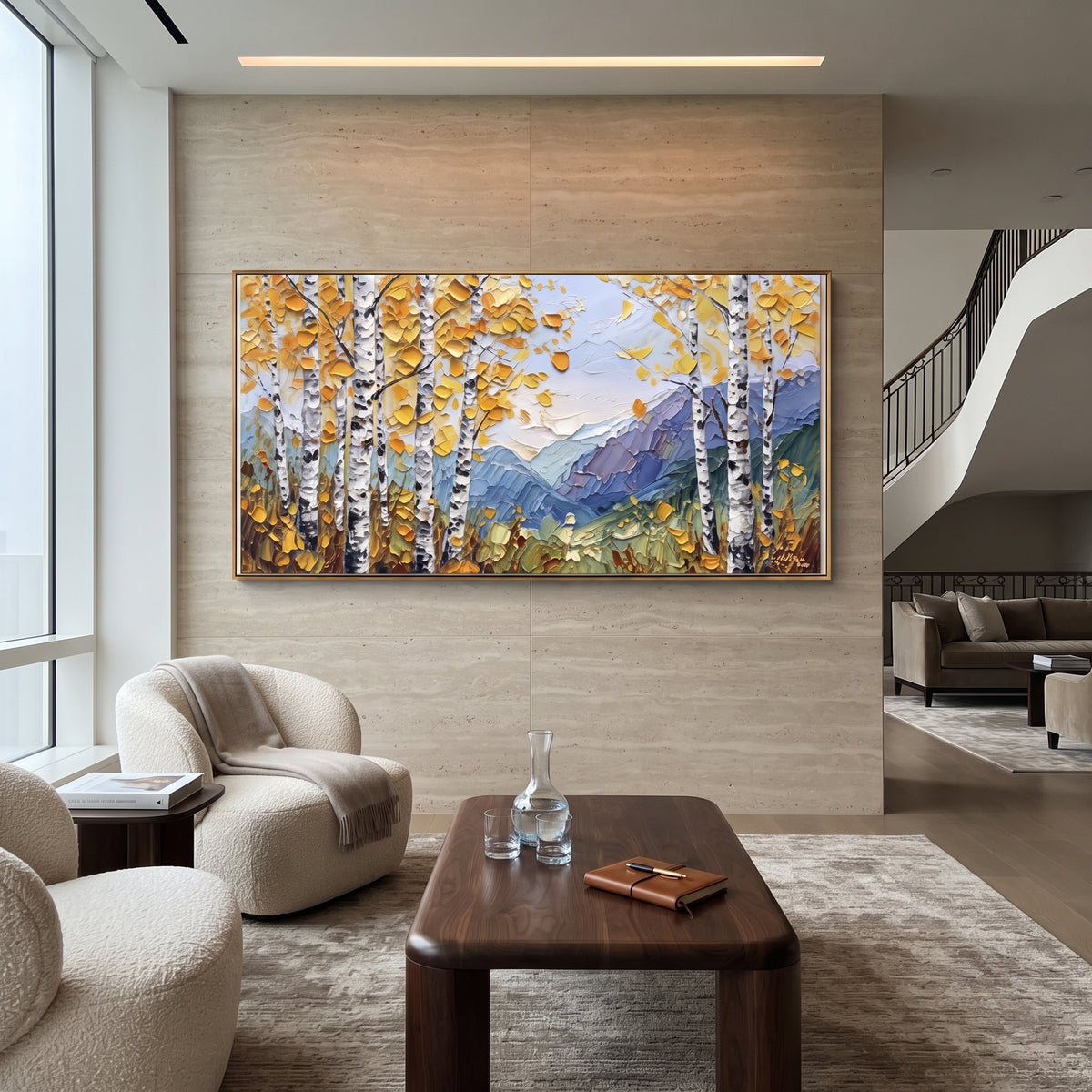 ARTWORK DETAILS Birch Mountain Meadow Painting is built from the actual artwork image: yellow birches beside blue mountains and green meadow. The composition uses raised texture to separate tree trunks, leaf masses, ground movement, and soft background atmosphere, so the surface reads with real hand-painted depth from different viewing angles. The color direction is yellow, blue, green, chosen to keep the autumn mood warm while still leaving enough pale air and cool contrast for modern