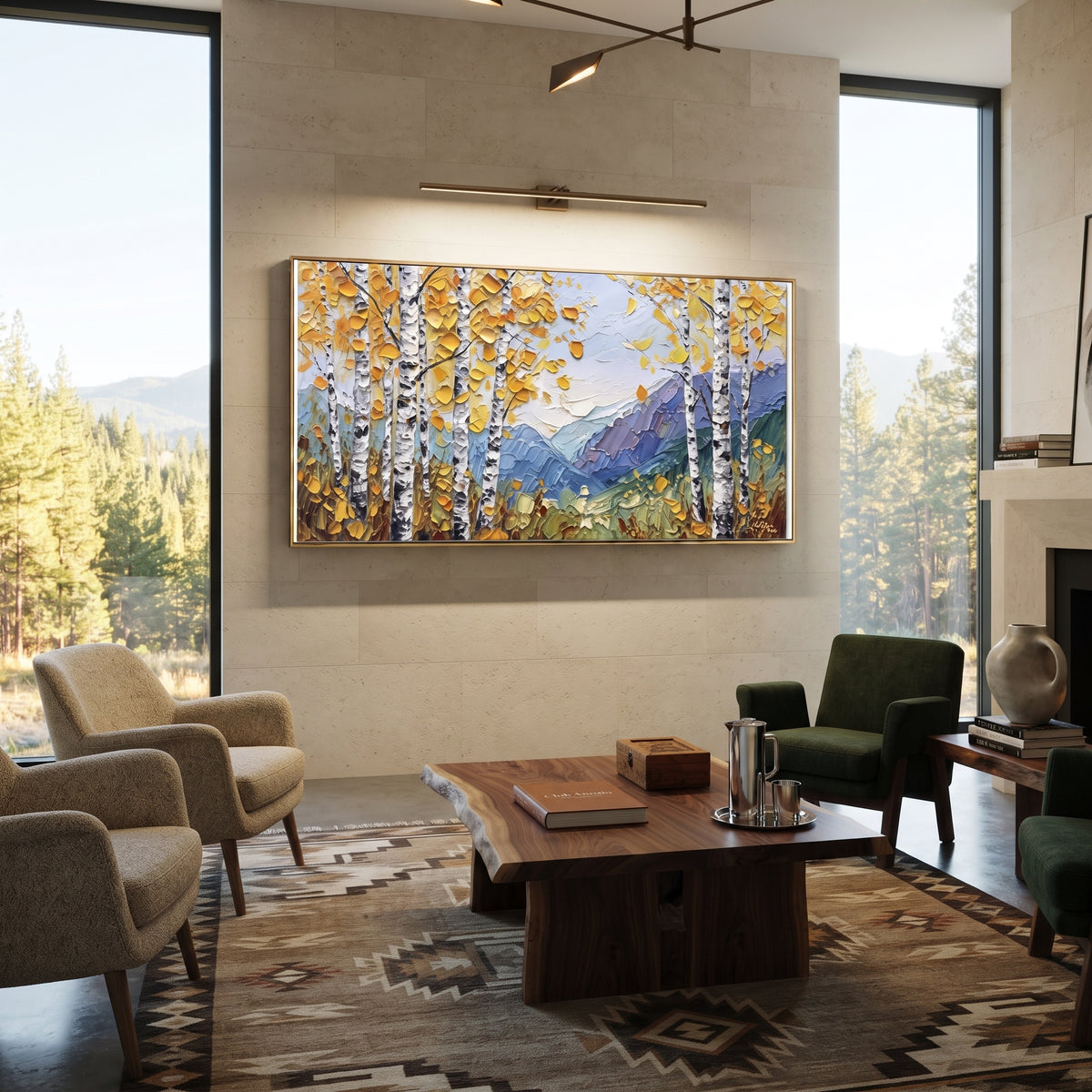 ARTWORK DETAILS Birch Mountain Meadow Painting is built from the actual artwork image: yellow birches beside blue mountains and green meadow. The composition uses raised texture to separate tree trunks, leaf masses, ground movement, and soft background atmosphere, so the surface reads with real hand-painted depth from different viewing angles. The color direction is yellow, blue, green, chosen to keep the autumn mood warm while still leaving enough pale air and cool contrast for modern