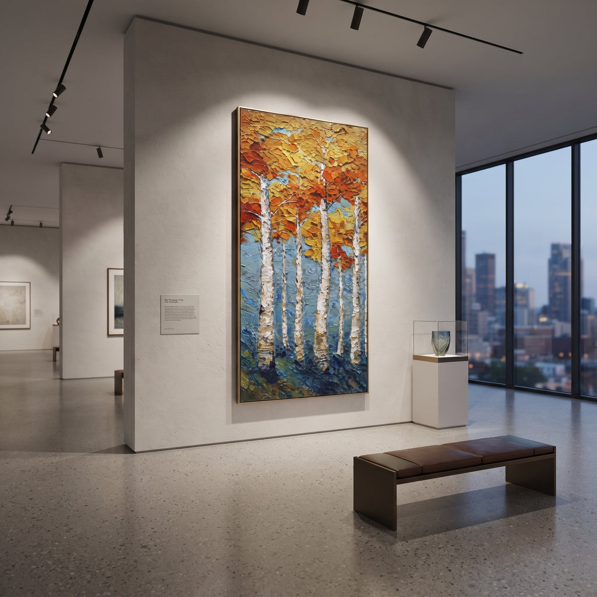 ARTWORK DETAILS Tall Aspen Gold Texture Painting is built from the actual artwork image: vertical white aspens with thick gold leaf texture. The composition uses raised texture to separate tree trunks, leaf masses, ground movement, and soft background atmosphere, so the surface reads with real hand-painted depth from different viewing angles. The color direction is yellow, white, blue, chosen to keep the autumn mood warm while still leaving enough pale air and cool contrast for modern interiors.