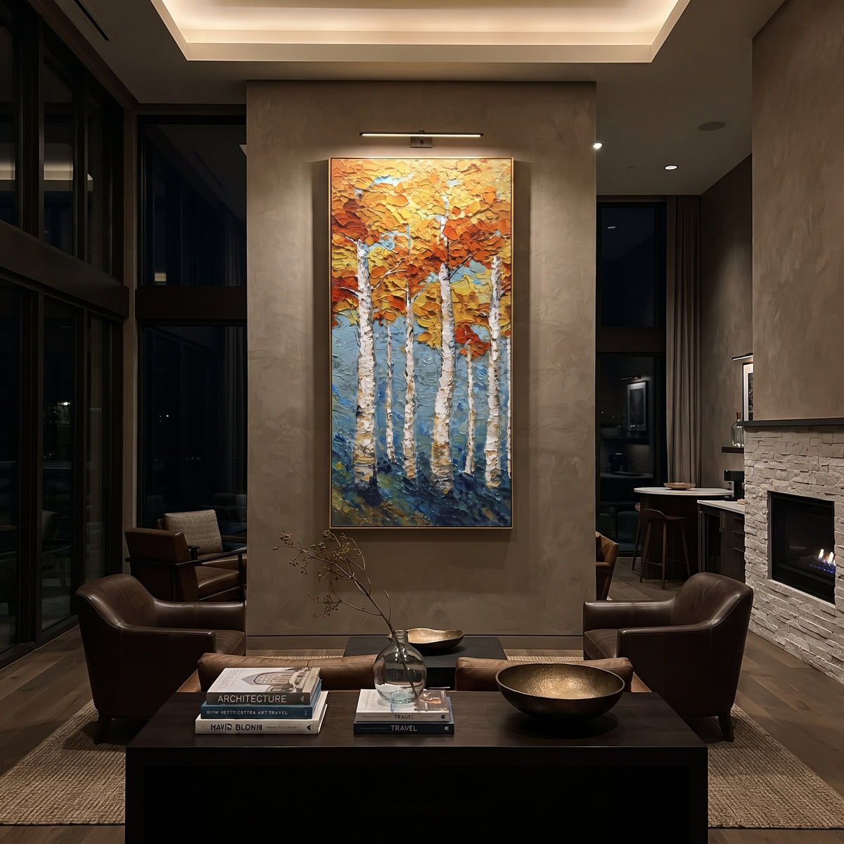 ARTWORK DETAILS Tall Aspen Gold Texture Painting is built from the actual artwork image: vertical white aspens with thick gold leaf texture. The composition uses raised texture to separate tree trunks, leaf masses, ground movement, and soft background atmosphere, so the surface reads with real hand-painted depth from different viewing angles. The color direction is yellow, white, blue, chosen to keep the autumn mood warm while still leaving enough pale air and cool contrast for modern interiors.