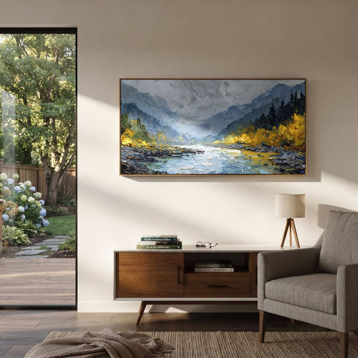ARTWORK DETAILS Mountain River Autumn Painting is built from the actual artwork image: cool mountain river between yellow forests and blue peaks. The composition uses raised texture to separate tree trunks, leaf masses, ground movement, and soft background atmosphere, so the surface reads with real hand-painted depth from different viewing angles. The color direction is blue, yellow, green, chosen to keep the autumn mood warm while still leaving enough pale air and cool contrast for modern