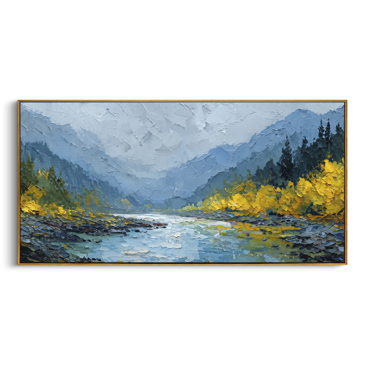 ARTWORK DETAILS Mountain River Autumn Painting is built from the actual artwork image: cool mountain river between yellow forests and blue peaks. The composition uses raised texture to separate tree trunks, leaf masses, ground movement, and soft background atmosphere, so the surface reads with real hand-painted depth from different viewing angles. The color direction is blue, yellow, green, chosen to keep the autumn mood warm while still leaving enough pale air and cool contrast for modern