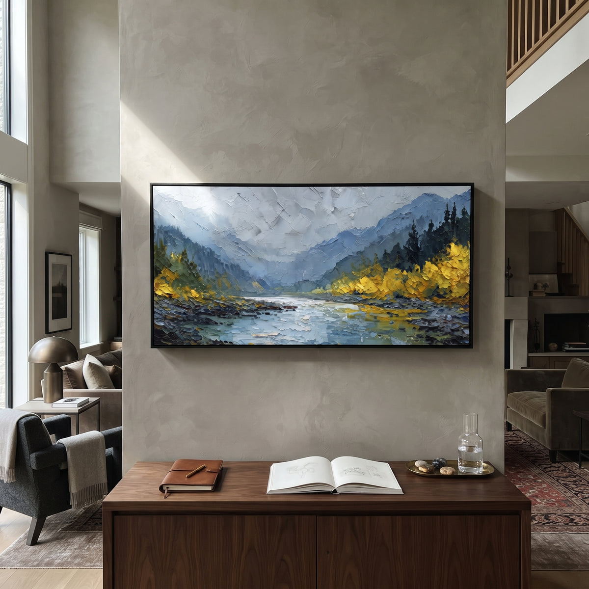 ARTWORK DETAILS Mountain River Autumn Painting is built from the actual artwork image: cool mountain river between yellow forests and blue peaks. The composition uses raised texture to separate tree trunks, leaf masses, ground movement, and soft background atmosphere, so the surface reads with real hand-painted depth from different viewing angles. The color direction is blue, yellow, green, chosen to keep the autumn mood warm while still leaving enough pale air and cool contrast for modern