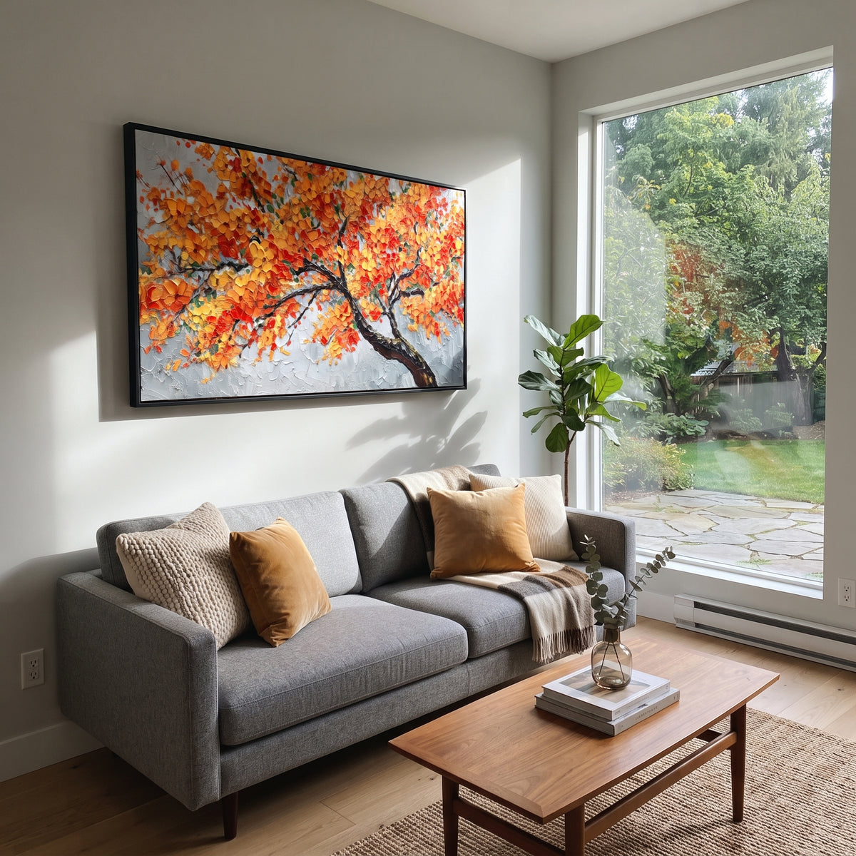 ARTWORK DETAILS Orange Branch Autumn Painting is built from the actual artwork image: sweeping black branch carrying orange leaves across pale space. The composition uses raised texture to separate tree trunks, leaf masses, ground movement, and soft background atmosphere, so the surface reads with real hand-painted depth from different viewing angles. The color direction is orange, black, gray, chosen to keep the autumn mood warm while still leaving enough pale air and cool contrast for modern