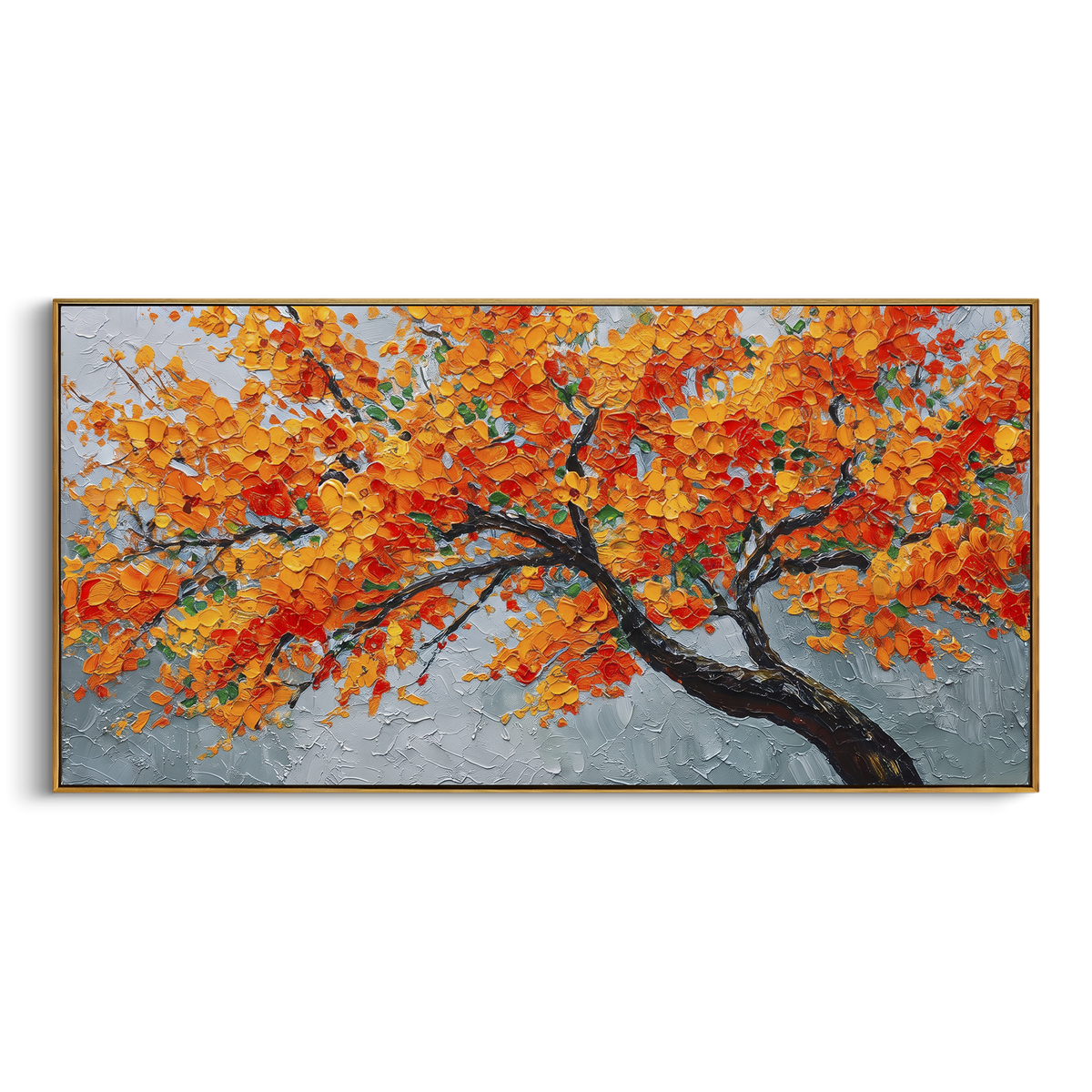 ARTWORK DETAILS Orange Branch Autumn Painting is built from the actual artwork image: sweeping black branch carrying orange leaves across pale space. The composition uses raised texture to separate tree trunks, leaf masses, ground movement, and soft background atmosphere, so the surface reads with real hand-painted depth from different viewing angles. The color direction is orange, black, gray, chosen to keep the autumn mood warm while still leaving enough pale air and cool contrast for modern