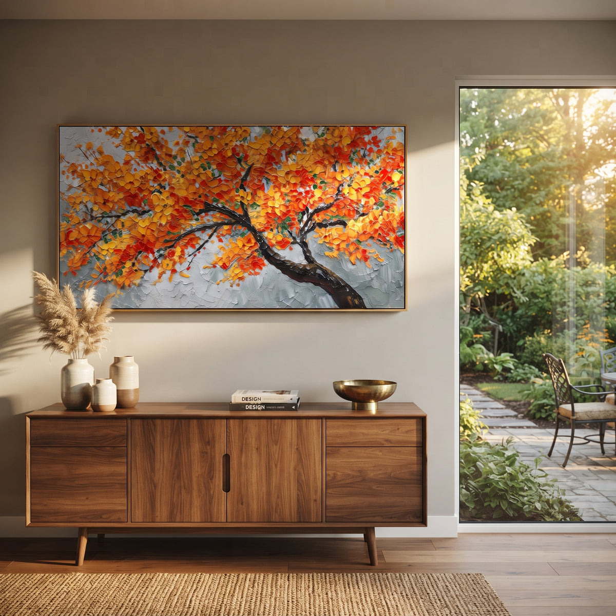 ARTWORK DETAILS Orange Branch Autumn Painting is built from the actual artwork image: sweeping black branch carrying orange leaves across pale space. The composition uses raised texture to separate tree trunks, leaf masses, ground movement, and soft background atmosphere, so the surface reads with real hand-painted depth from different viewing angles. The color direction is orange, black, gray, chosen to keep the autumn mood warm while still leaving enough pale air and cool contrast for modern