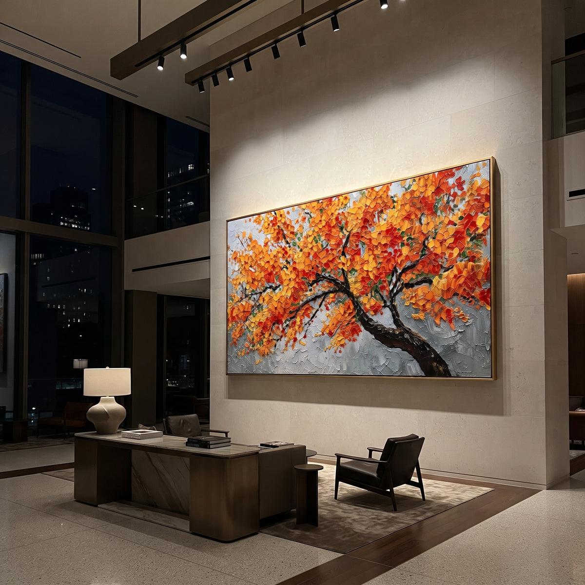 ARTWORK DETAILS Orange Branch Autumn Painting is built from the actual artwork image: sweeping black branch carrying orange leaves across pale space. The composition uses raised texture to separate tree trunks, leaf masses, ground movement, and soft background atmosphere, so the surface reads with real hand-painted depth from different viewing angles. The color direction is orange, black, gray, chosen to keep the autumn mood warm while still leaving enough pale air and cool contrast for modern