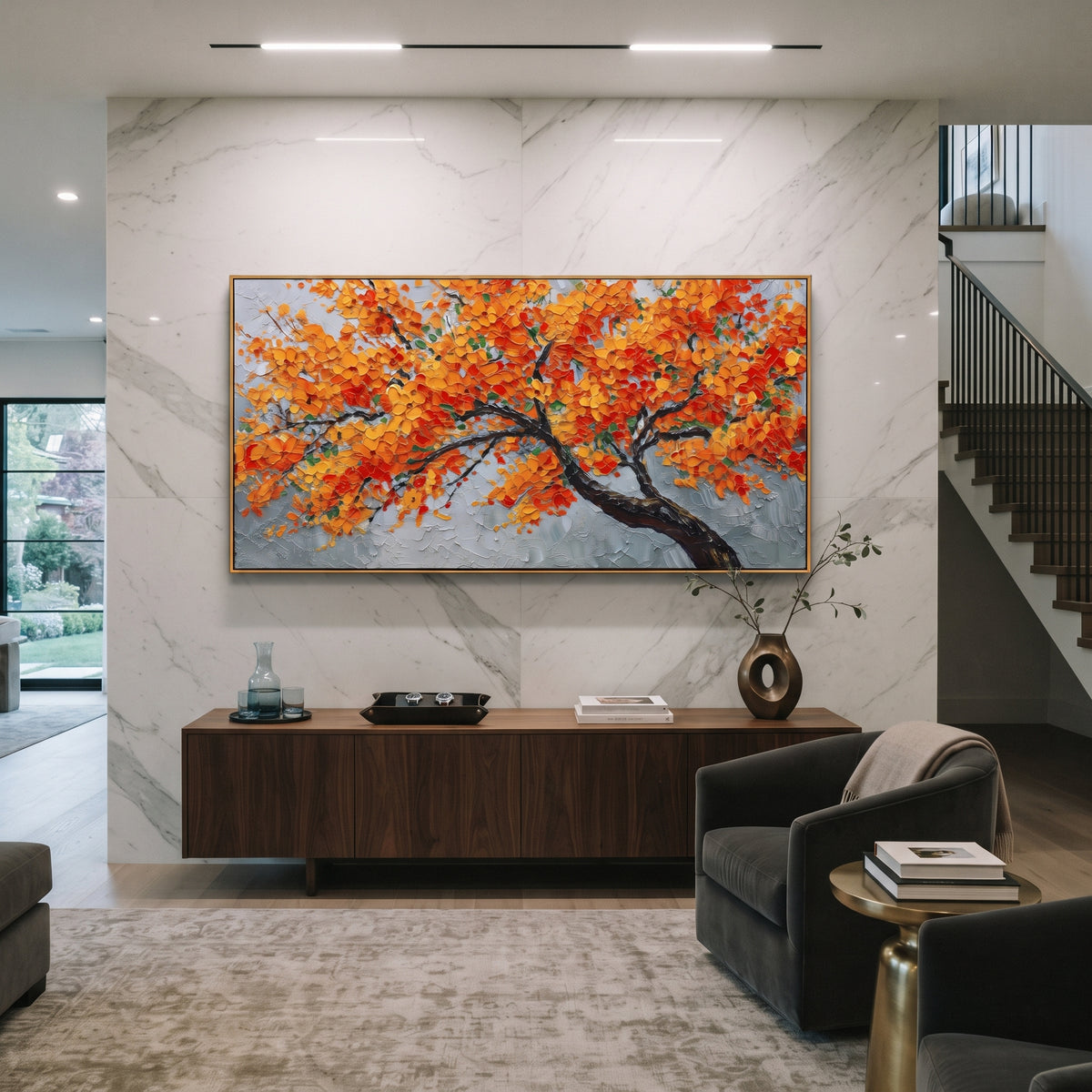 ARTWORK DETAILS Orange Branch Autumn Painting is built from the actual artwork image: sweeping black branch carrying orange leaves across pale space. The composition uses raised texture to separate tree trunks, leaf masses, ground movement, and soft background atmosphere, so the surface reads with real hand-painted depth from different viewing angles. The color direction is orange, black, gray, chosen to keep the autumn mood warm while still leaving enough pale air and cool contrast for modern