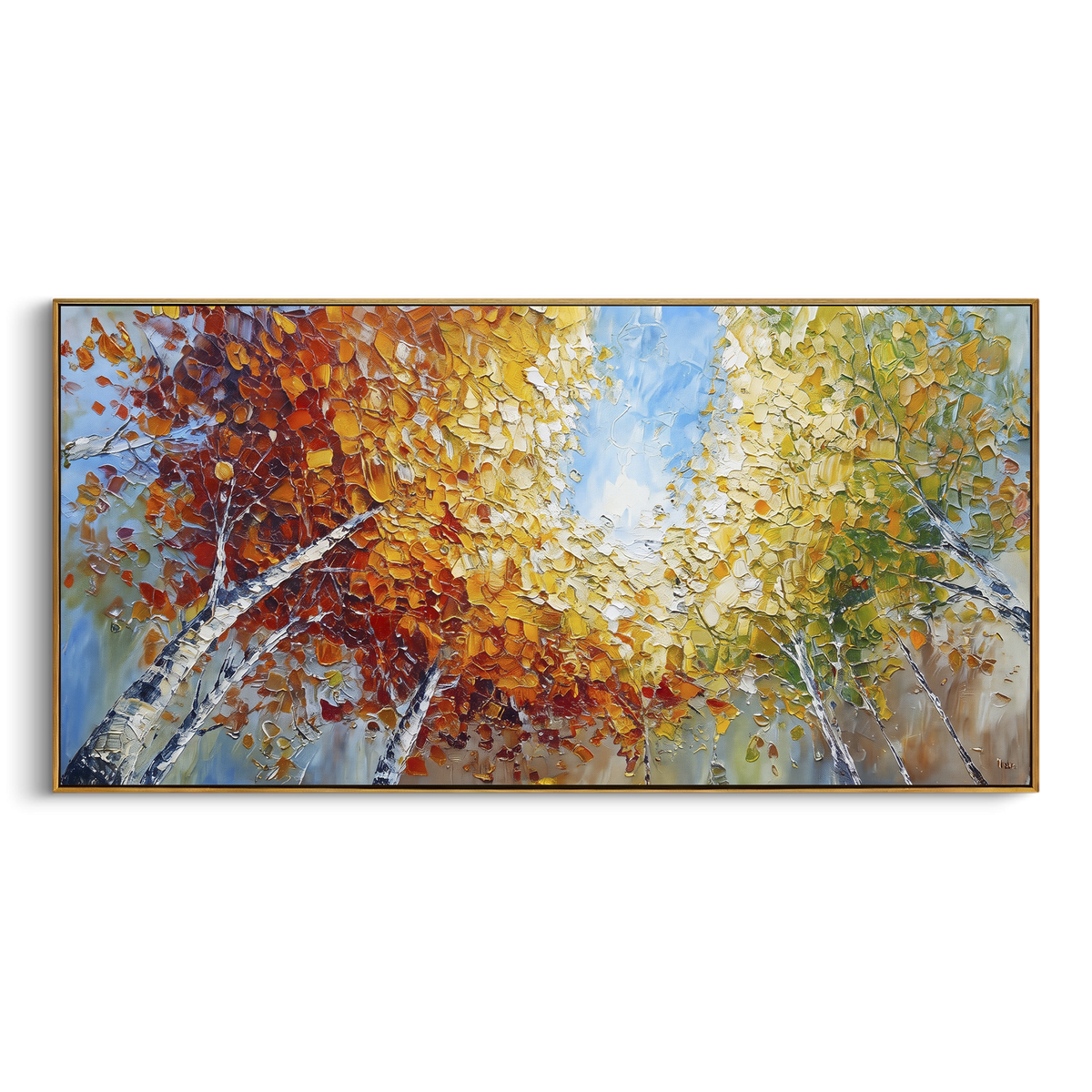 ARTWORK DETAILS Birch Canopy Sunflare Painting is built from the actual artwork image: white birch trunks angled toward a bright golden sunflare. The composition uses raised texture to separate tree trunks, leaf masses, ground movement, and soft background atmosphere, so the surface reads with real hand-painted depth from different viewing angles. The color direction is yellow, white, blue, chosen to keep the autumn mood warm while still leaving enough pale air and cool contrast for modern