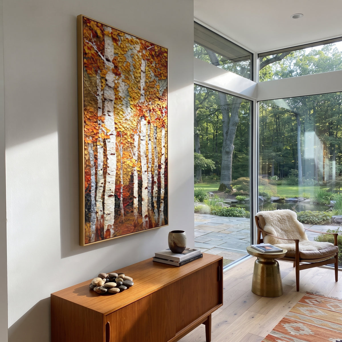 ARTWORK DETAILS Upright Aspen Gold Wall Painting is built from the actual artwork image: tall aspen trunks with compact gold leaf texture. The composition uses raised texture to separate tree trunks, leaf masses, ground movement, and soft background atmosphere, so the surface reads with real hand-painted depth from different viewing angles. The color direction is yellow, white, brown, chosen to keep the autumn mood warm while still leaving enough pale air and cool contrast for modern interiors.