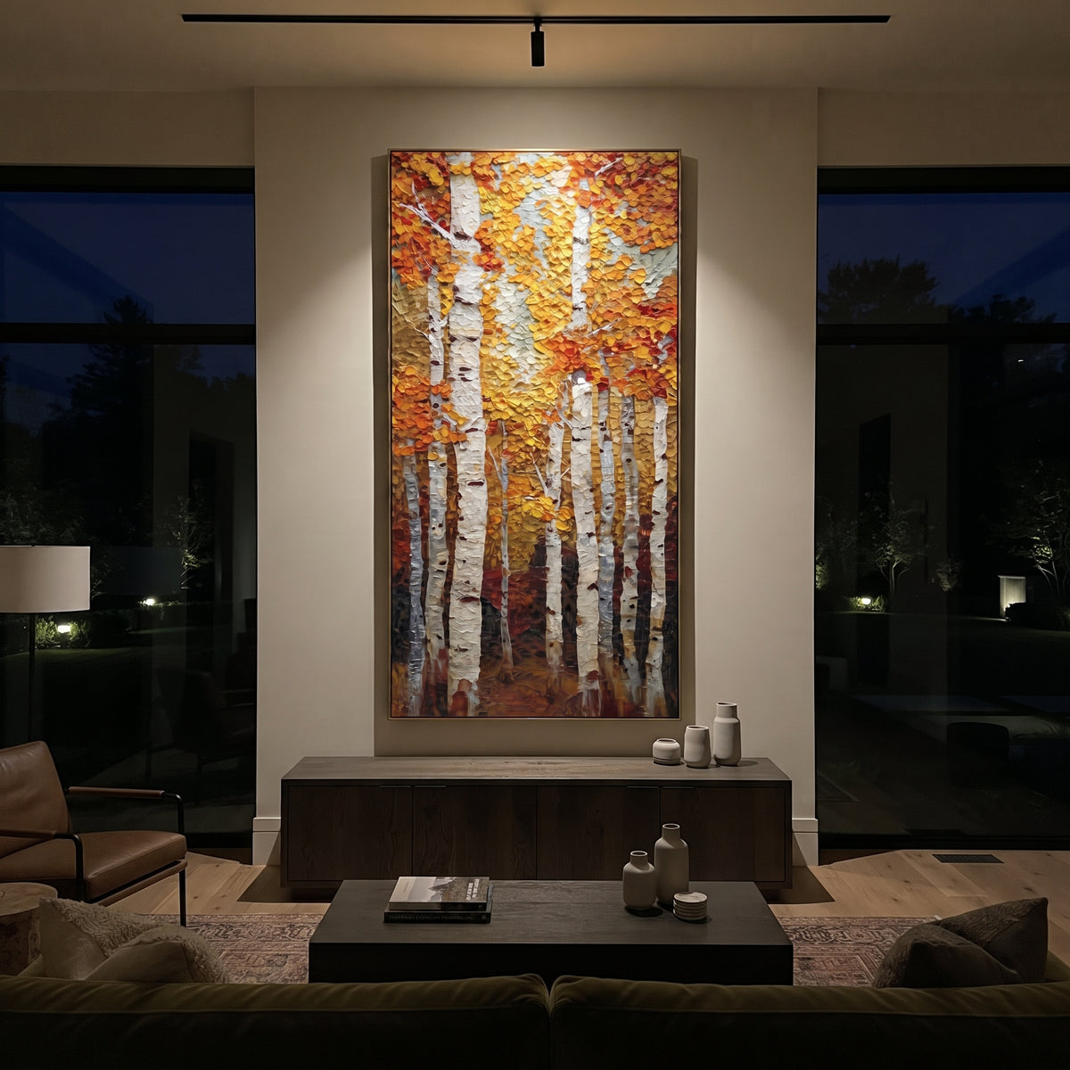ARTWORK DETAILS Upright Aspen Gold Wall Painting is built from the actual artwork image: tall aspen trunks with compact gold leaf texture. The composition uses raised texture to separate tree trunks, leaf masses, ground movement, and soft background atmosphere, so the surface reads with real hand-painted depth from different viewing angles. The color direction is yellow, white, brown, chosen to keep the autumn mood warm while still leaving enough pale air and cool contrast for modern interiors.