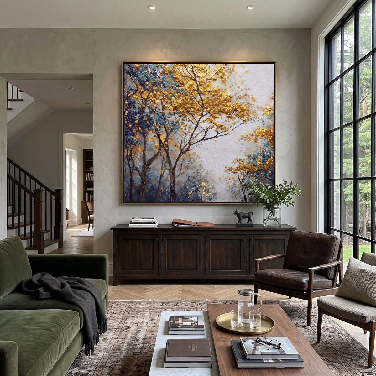 ARTWORK DETAILS Rust Birch Column Painting is built from the actual artwork image: narrow white birch columns under rust orange leaves. The composition uses raised texture to separate tree trunks, leaf masses, ground movement, and soft background atmosphere, so the surface reads with real hand-painted depth from different viewing angles. The color direction is orange, white, brown, chosen to keep the autumn mood warm while still leaving enough pale air and cool contrast for modern interiors.