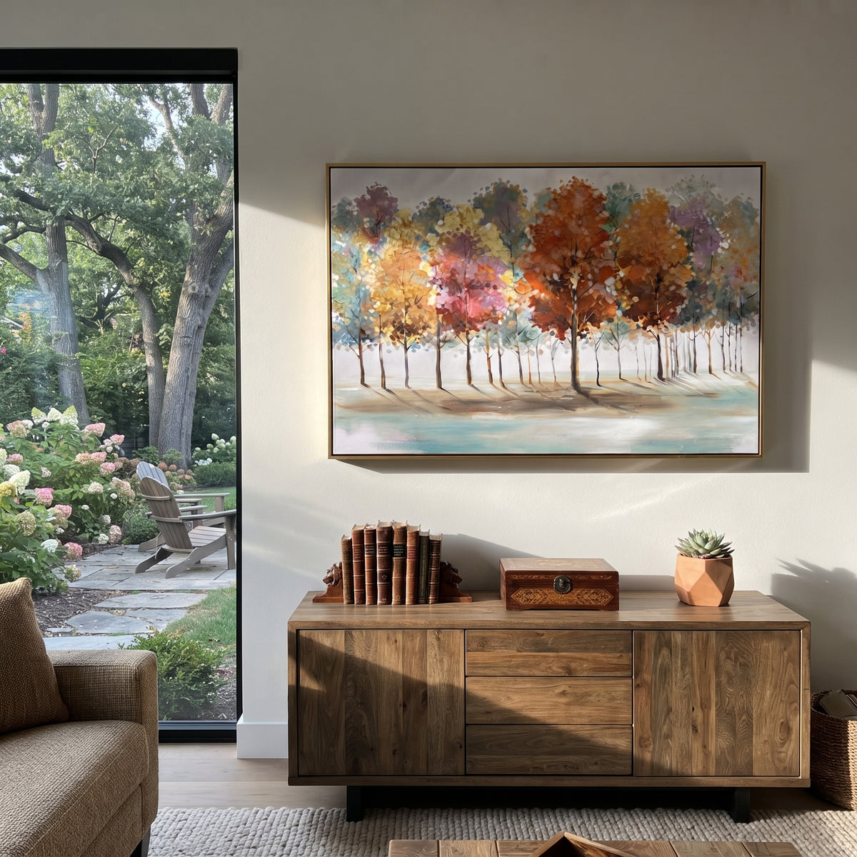 ARTWORK DETAILS Pastel Autumn Tree Row Painting is built from the actual artwork image: pastel red yellow and green trees in a soft row. The composition uses raised texture to separate tree trunks, leaf masses, ground movement, and soft background atmosphere, so the surface reads with real hand-painted depth from different viewing angles. The color direction is red, yellow, green, chosen to keep the autumn mood warm while still leaving enough pale air and cool contrast for modern interiors. Core