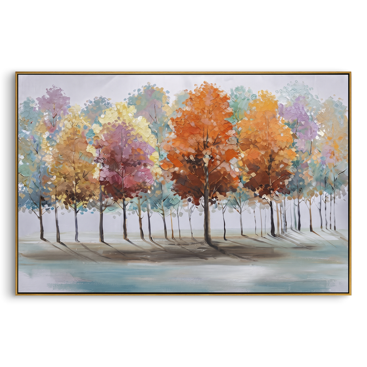 ARTWORK DETAILS Pastel Autumn Tree Row Painting is built from the actual artwork image: pastel red yellow and green trees in a soft row. The composition uses raised texture to separate tree trunks, leaf masses, ground movement, and soft background atmosphere, so the surface reads with real hand-painted depth from different viewing angles. The color direction is red, yellow, green, chosen to keep the autumn mood warm while still leaving enough pale air and cool contrast for modern interiors. Core