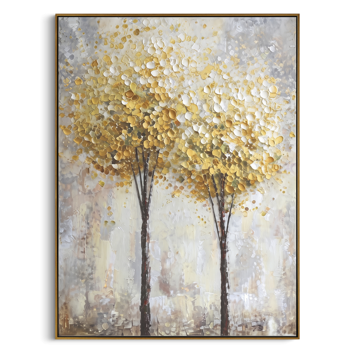 ARTWORK DETAILS Round Gold Tree Pair Painting is built from the actual artwork image: two round gold trees rising from a pale textured ground. The composition uses raised texture to separate tree trunks, leaf masses, ground movement, and soft background atmosphere, so the surface reads with real hand-painted depth from different viewing angles. The color direction is yellow, white, beige, chosen to keep the autumn mood warm while still leaving enough pale air and cool contrast for modern