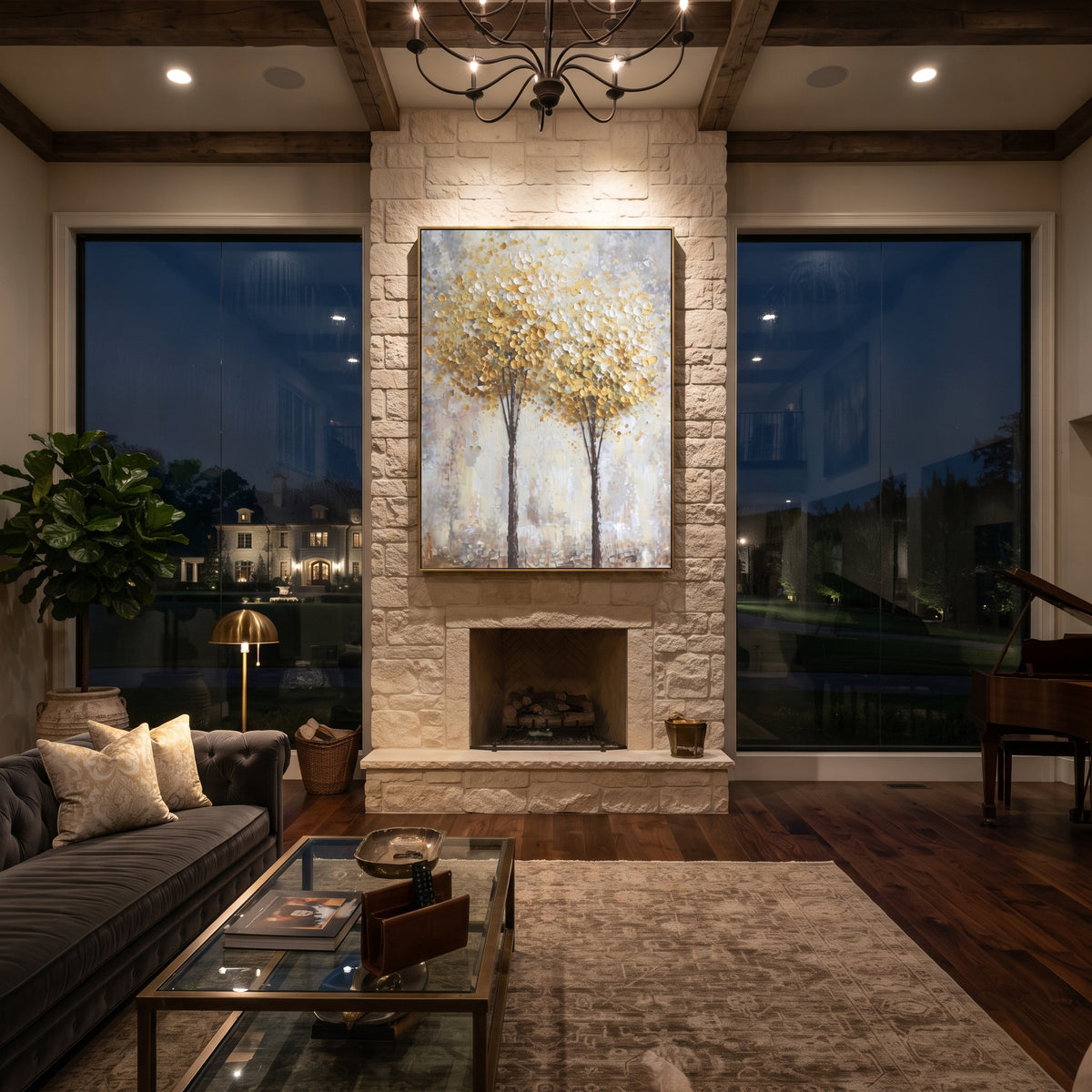 ARTWORK DETAILS Round Gold Tree Pair Painting is built from the actual artwork image: two round gold trees rising from a pale textured ground. The composition uses raised texture to separate tree trunks, leaf masses, ground movement, and soft background atmosphere, so the surface reads with real hand-painted depth from different viewing angles. The color direction is yellow, white, beige, chosen to keep the autumn mood warm while still leaving enough pale air and cool contrast for modern