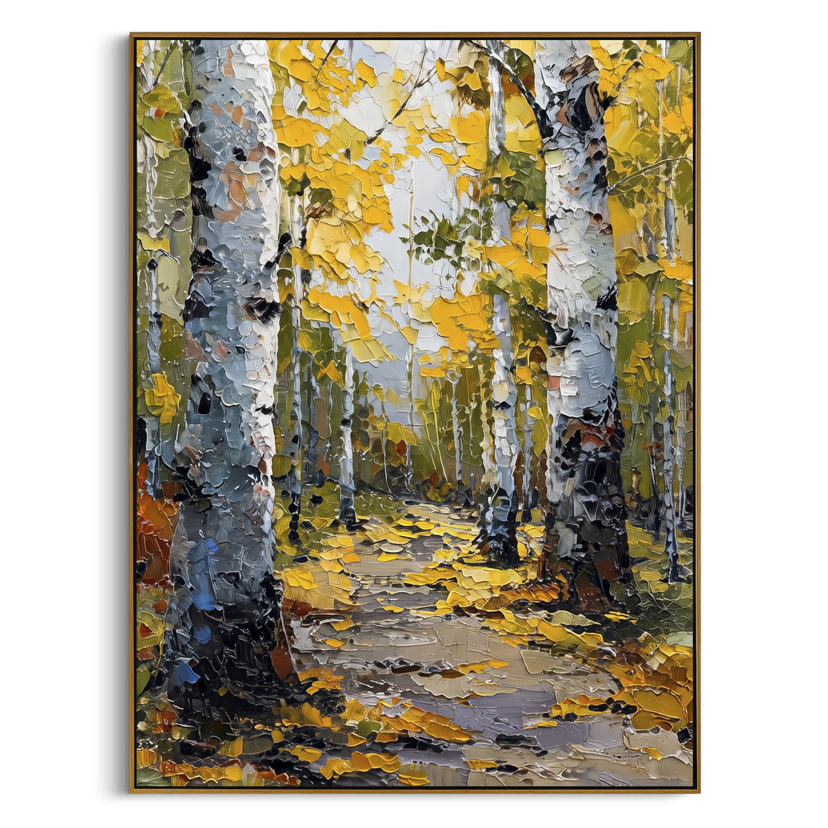 ARTWORK DETAILS Birch Path Gold Leaves Painting is built from the actual artwork image: gold leaf path between close birch trunks. The composition uses raised texture to separate tree trunks, leaf masses, ground movement, and soft background atmosphere, so the surface reads with real hand-painted depth from different viewing angles. The color direction is yellow, white, gray, chosen to keep the autumn mood warm while still leaving enough pale air and cool contrast for modern interiors. Core