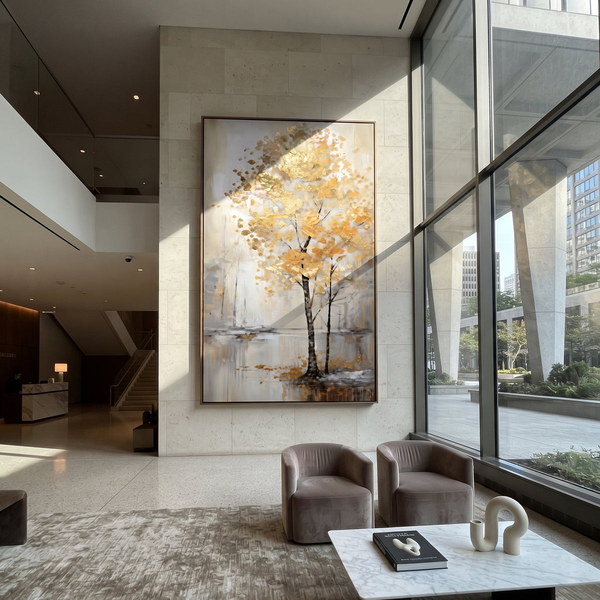 ARTWORK DETAILS Solitary Gold Tree Reflection Painting is built from the actual artwork image: single pale gold tree beside a quiet reflective surface. The composition uses raised texture to separate tree trunks, leaf masses, ground movement, and soft background atmosphere, so the surface reads with real hand-painted depth from different viewing angles. The color direction is yellow, beige, gray, chosen to keep the autumn mood warm while still leaving enough pale air and cool contrast for modern