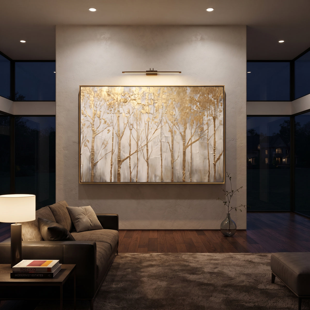 ARTWORK DETAILS Soft Champagne Forest Painting is built from the actual artwork image: champagne gold forest silhouettes in a light neutral field. The composition uses raised texture to separate tree trunks, leaf masses, ground movement, and soft background atmosphere, so the surface reads with real hand-painted depth from different viewing angles. The color direction is beige, yellow, white, chosen to keep the autumn mood warm while still leaving enough pale air and cool contrast for modern