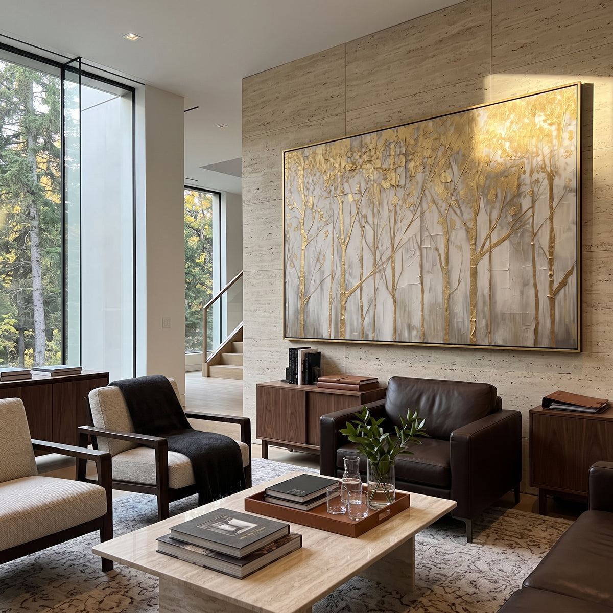 ARTWORK DETAILS Soft Champagne Forest Painting is built from the actual artwork image: champagne gold forest silhouettes in a light neutral field. The composition uses raised texture to separate tree trunks, leaf masses, ground movement, and soft background atmosphere, so the surface reads with real hand-painted depth from different viewing angles. The color direction is beige, yellow, white, chosen to keep the autumn mood warm while still leaving enough pale air and cool contrast for modern
