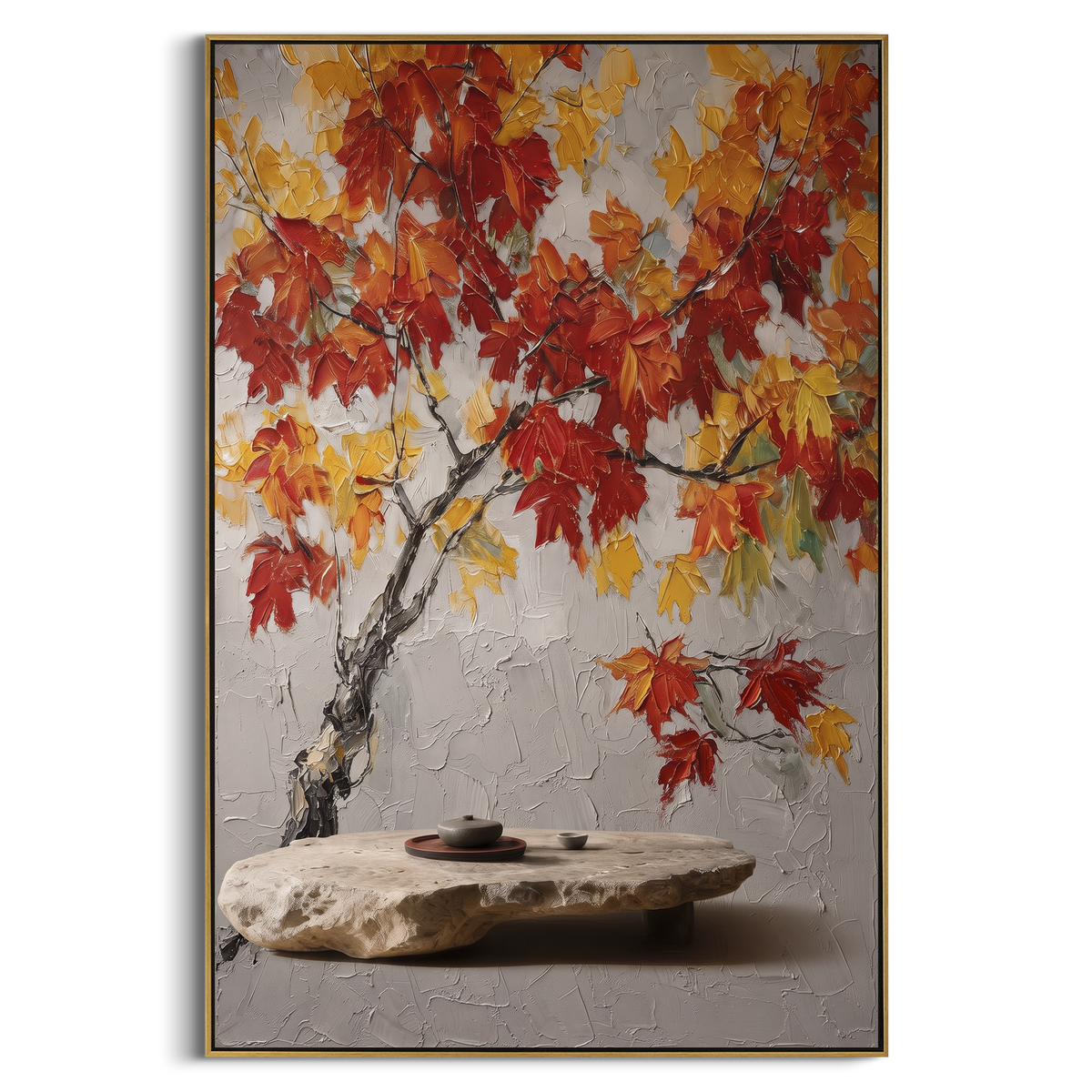 ARTWORK DETAILS Red Maple Branch Still Life Painting is built from the actual artwork image: red maple branch over a pale stone-like base. The composition uses raised texture to separate tree trunks, leaf masses, ground movement, and soft background atmosphere, so the surface reads with real hand-painted depth from different viewing angles. The color direction is red, beige, gray, chosen to keep the autumn mood warm while still leaving enough pale air and cool contrast for modern interiors. Core
