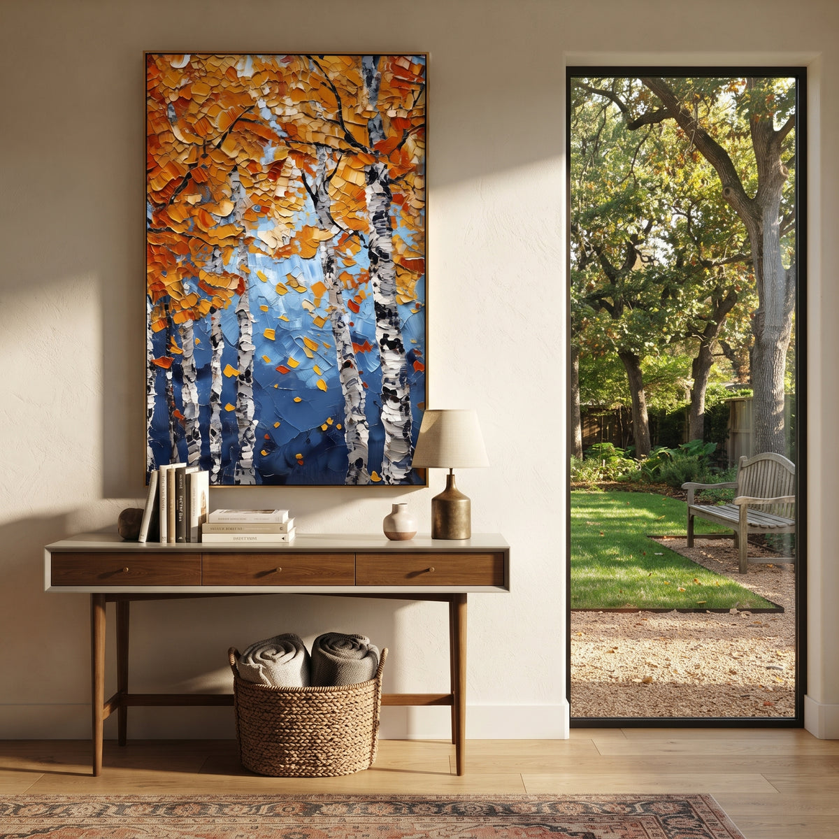ARTWORK DETAILS Blue Sky Birch Leaves Painting is built from the actual artwork image: white birches and orange leaves against strong blue sky. The composition uses raised texture to separate tree trunks, leaf masses, ground movement, and soft background atmosphere, so the surface reads with real hand-painted depth from different viewing angles. The color direction is blue, orange, white, chosen to keep the autumn mood warm while still leaving enough pale air and cool contrast for modern