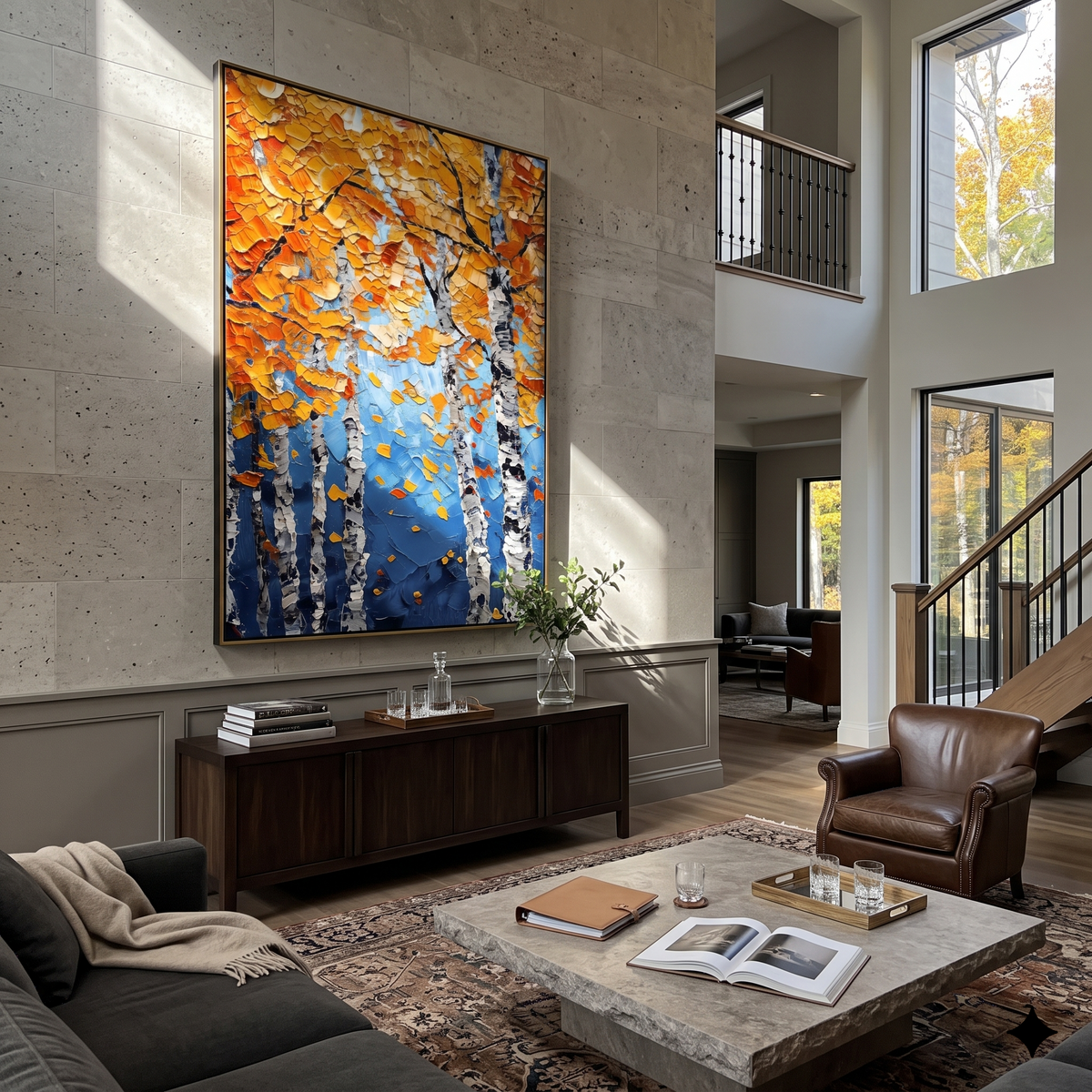 ARTWORK DETAILS Blue Sky Birch Leaves Painting is built from the actual artwork image: white birches and orange leaves against strong blue sky. The composition uses raised texture to separate tree trunks, leaf masses, ground movement, and soft background atmosphere, so the surface reads with real hand-painted depth from different viewing angles. The color direction is blue, orange, white, chosen to keep the autumn mood warm while still leaving enough pale air and cool contrast for modern
