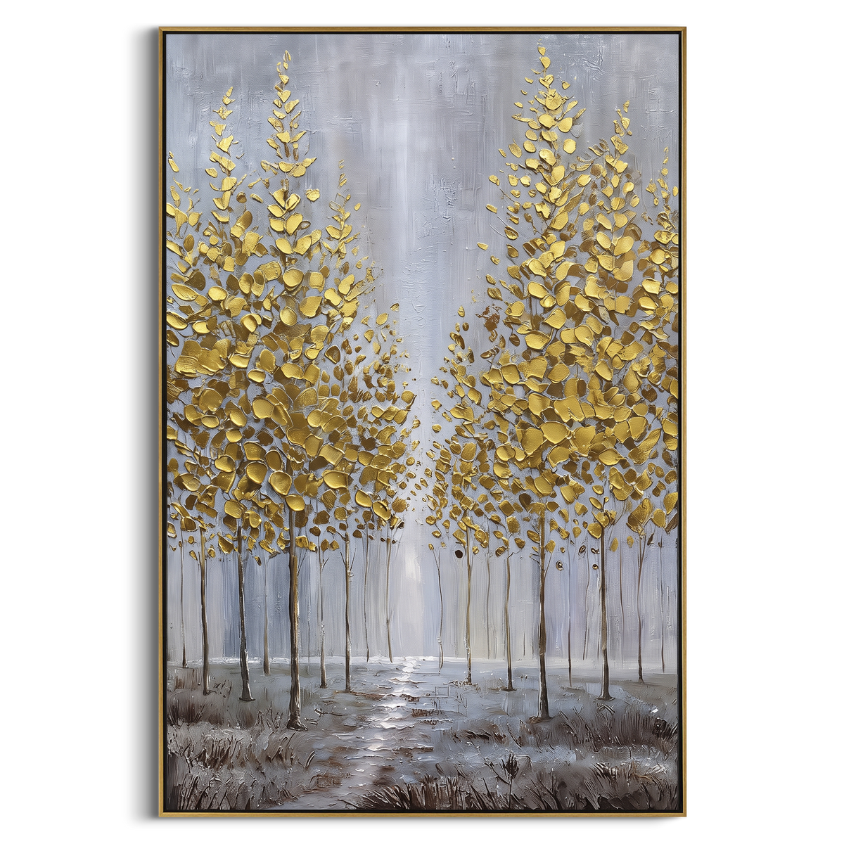 ARTWORK DETAILS Gold Sapling Reflection Painting is built from the actual artwork image: slender gold saplings reflected in gray water. The composition uses raised texture to separate tree trunks, leaf masses, ground movement, and soft background atmosphere, so the surface reads with real hand-painted depth from different viewing angles. The color direction is yellow, gray, white, chosen to keep the autumn mood warm while still leaving enough pale air and cool contrast for modern interiors. Core