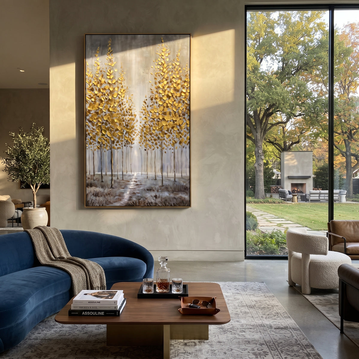 ARTWORK DETAILS Gold Sapling Reflection Painting is built from the actual artwork image: slender gold saplings reflected in gray water. The composition uses raised texture to separate tree trunks, leaf masses, ground movement, and soft background atmosphere, so the surface reads with real hand-painted depth from different viewing angles. The color direction is yellow, gray, white, chosen to keep the autumn mood warm while still leaving enough pale air and cool contrast for modern interiors. Core