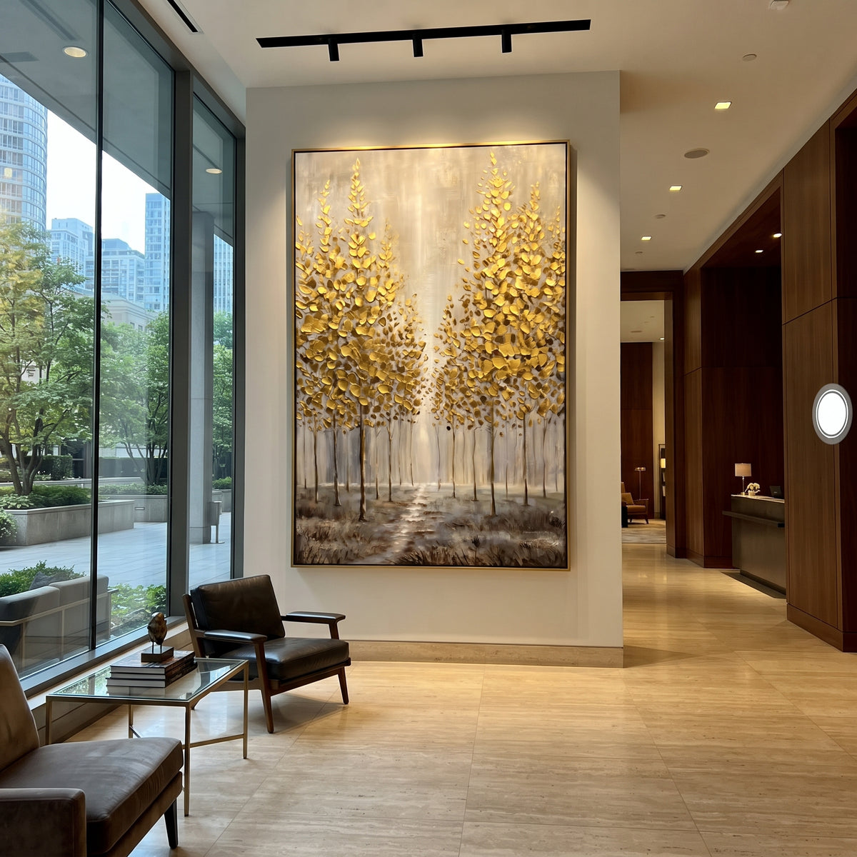 ARTWORK DETAILS Gold Sapling Reflection Painting is built from the actual artwork image: slender gold saplings reflected in gray water. The composition uses raised texture to separate tree trunks, leaf masses, ground movement, and soft background atmosphere, so the surface reads with real hand-painted depth from different viewing angles. The color direction is yellow, gray, white, chosen to keep the autumn mood warm while still leaving enough pale air and cool contrast for modern interiors. Core