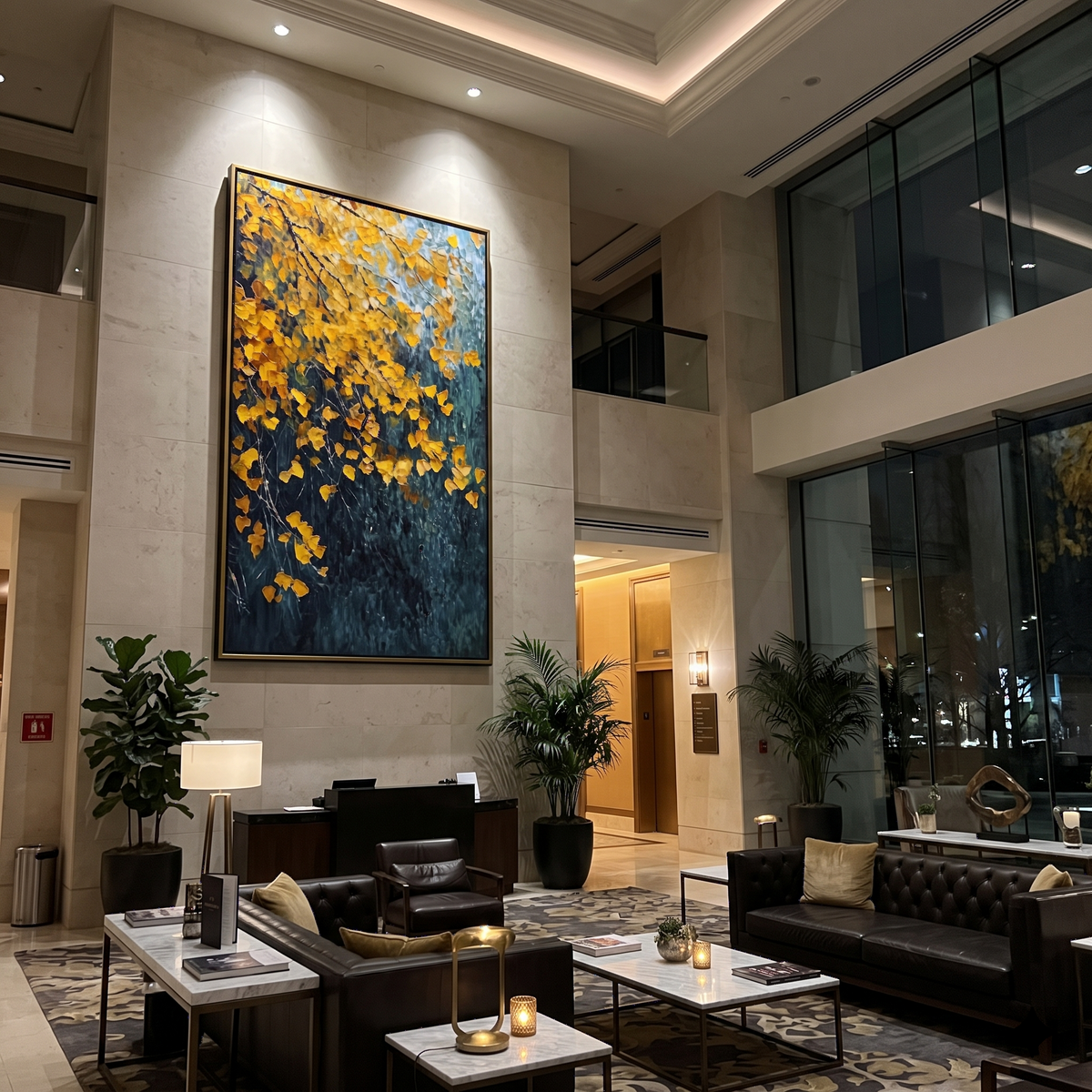 ARTWORK DETAILS Dark Gold Leaf Cascade Painting is built from the actual artwork image: gold leaves falling across a deep blue green vertical field. The composition uses raised texture to separate tree trunks, leaf masses, ground movement, and soft background atmosphere, so the surface reads with real hand-painted depth from different viewing angles. The color direction is yellow, green, blue, chosen to keep the autumn mood warm while still leaving enough pale air and cool contrast for modern
