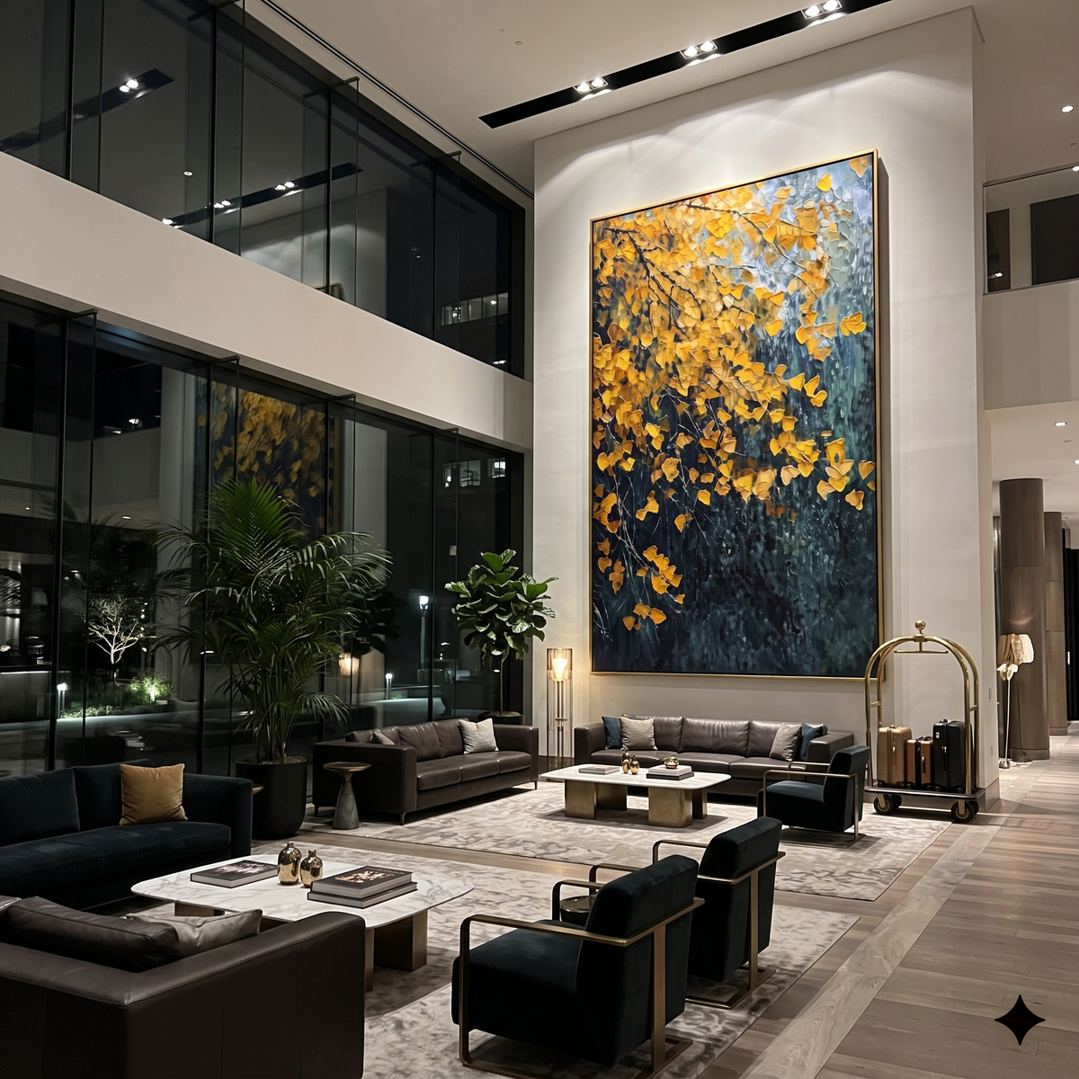 ARTWORK DETAILS Dark Gold Leaf Cascade Painting is built from the actual artwork image: gold leaves falling across a deep blue green vertical field. The composition uses raised texture to separate tree trunks, leaf masses, ground movement, and soft background atmosphere, so the surface reads with real hand-painted depth from different viewing angles. The color direction is yellow, green, blue, chosen to keep the autumn mood warm while still leaving enough pale air and cool contrast for modern