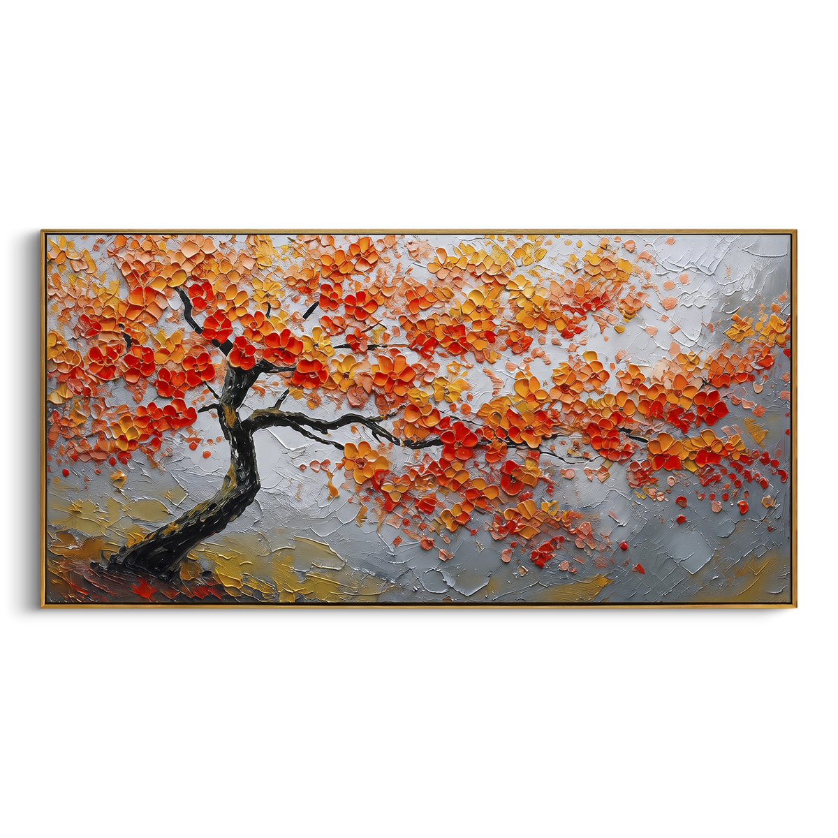ARTWORK DETAILS Lone Red Autumn Tree Painting is built from the actual artwork image: single dark branch tree carrying red leaves across gray space. The composition uses raised texture to separate tree trunks, leaf masses, ground movement, and soft background atmosphere, so the surface reads with real hand-painted depth from different viewing angles. The color direction is red, gray, black, chosen to keep the autumn mood warm while still leaving enough pale air and cool contrast for modern