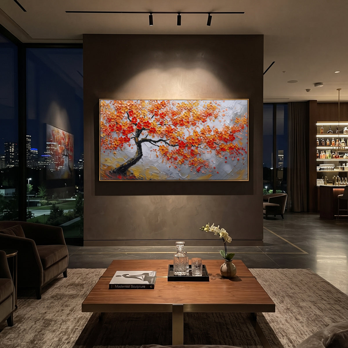 ARTWORK DETAILS Lone Red Autumn Tree Painting is built from the actual artwork image: single dark branch tree carrying red leaves across gray space. The composition uses raised texture to separate tree trunks, leaf masses, ground movement, and soft background atmosphere, so the surface reads with real hand-painted depth from different viewing angles. The color direction is red, gray, black, chosen to keep the autumn mood warm while still leaving enough pale air and cool contrast for modern