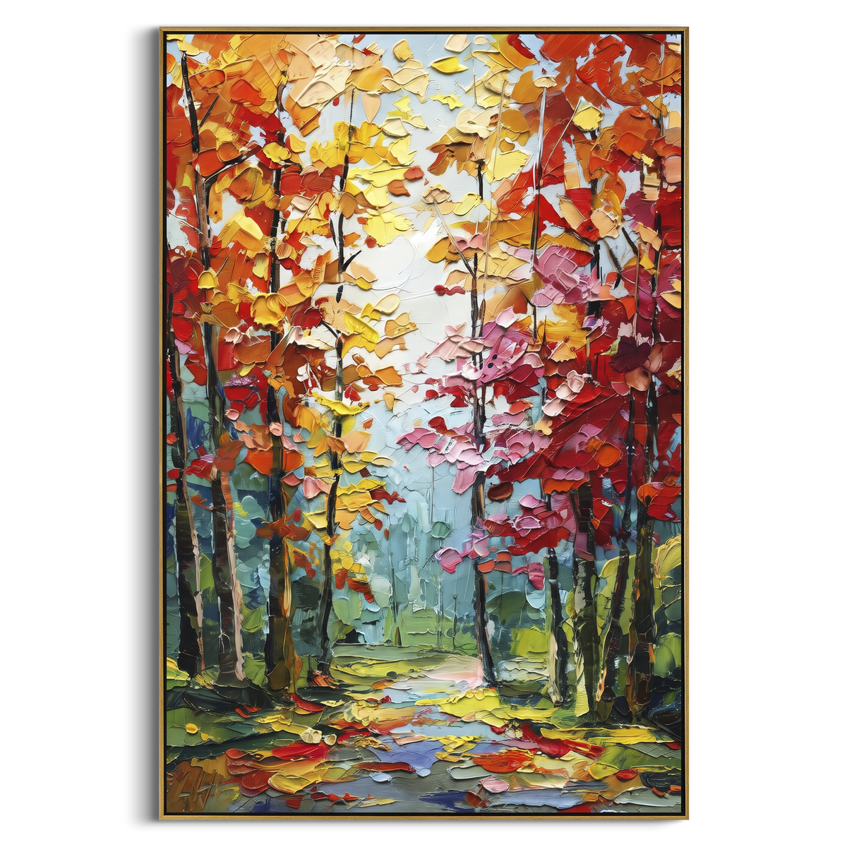 ARTWORK DETAILS Colorful Autumn Forest Path Painting is built from the actual artwork image: red yellow and green path through a lively autumn forest. The composition uses raised texture to separate tree trunks, leaf masses, ground movement, and soft background atmosphere, so the surface reads with real hand-painted depth from different viewing angles. The color direction is red, yellow, green, chosen to keep the autumn mood warm while still leaving enough pale air and cool contrast for modern