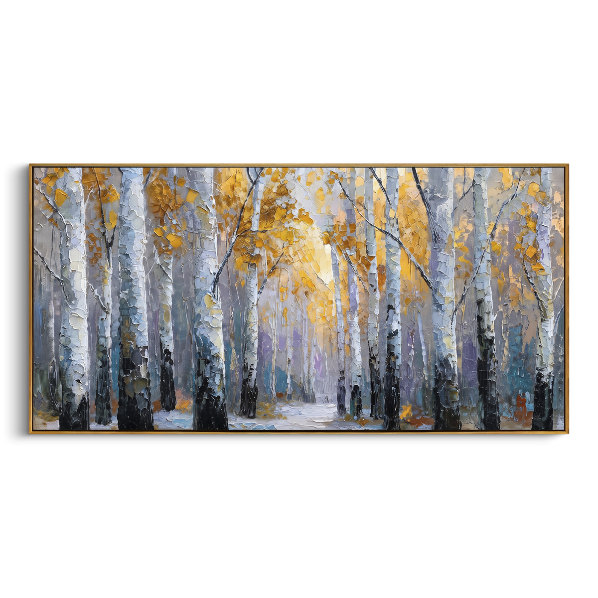 ARTWORK DETAILS Blue Gray Birch Snowlight Painting is built from the actual artwork image: blue gray birch forest with cool snowlit ground. The composition uses raised texture to separate tree trunks, leaf masses, ground movement, and soft background atmosphere, so the surface reads with real hand-painted depth from different viewing angles. The color direction is blue, gray, white, chosen to keep the autumn mood warm while still leaving enough pale air and cool contrast for modern interiors.