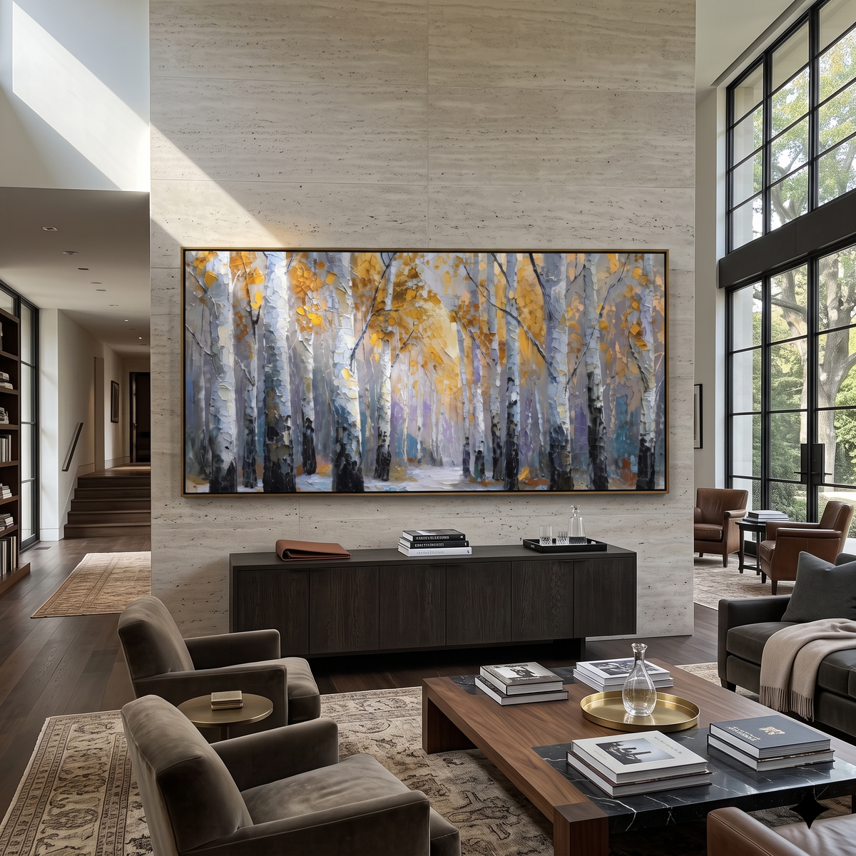 ARTWORK DETAILS Blue Gray Birch Snowlight Painting is built from the actual artwork image: blue gray birch forest with cool snowlit ground. The composition uses raised texture to separate tree trunks, leaf masses, ground movement, and soft background atmosphere, so the surface reads with real hand-painted depth from different viewing angles. The color direction is blue, gray, white, chosen to keep the autumn mood warm while still leaving enough pale air and cool contrast for modern interiors.
