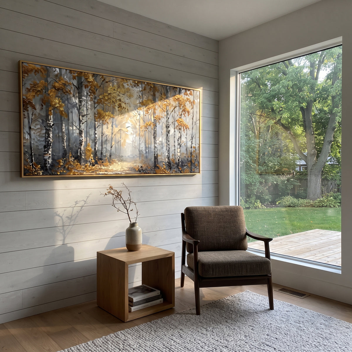 ARTWORK DETAILS Silver Woodland Road Painting is built from the actual artwork image: silver gray woodland road touched by scattered gold leaves. The composition uses raised texture to separate tree trunks, leaf masses, ground movement, and soft background atmosphere, so the surface reads with real hand-painted depth from different viewing angles. The color direction is gray, yellow, white, chosen to keep the autumn mood warm while still leaving enough pale air and cool contrast for modern