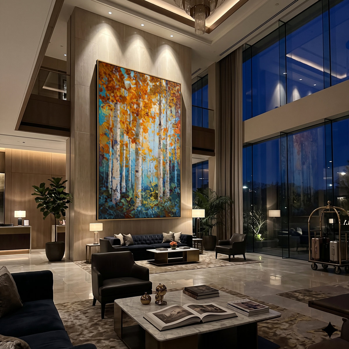 ARTWORK DETAILS Aqua Copper Birch Column Painting is built from the actual artwork image: aqua ground with copper leaves and tall white birch columns. The composition uses raised texture to separate tree trunks, leaf masses, ground movement, and soft background atmosphere, so the surface reads with real hand-painted depth from different viewing angles. The color direction is blue, orange, white, chosen to keep the autumn mood warm while still leaving enough pale air and cool contrast for modern