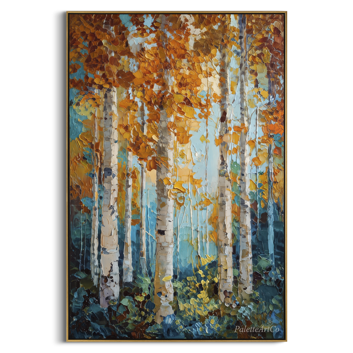 ARTWORK DETAILS Turquoise Copper Birch Light Painting is built from the actual artwork image: vertical birches and copper leaves glowing over aqua blue. The composition uses raised texture to separate tree trunks, leaf masses, ground movement, and soft background atmosphere, so the surface reads with real hand-painted depth from different viewing angles. The color direction is blue, orange, white, chosen to keep the autumn mood warm while still leaving enough pale air and cool contrast for