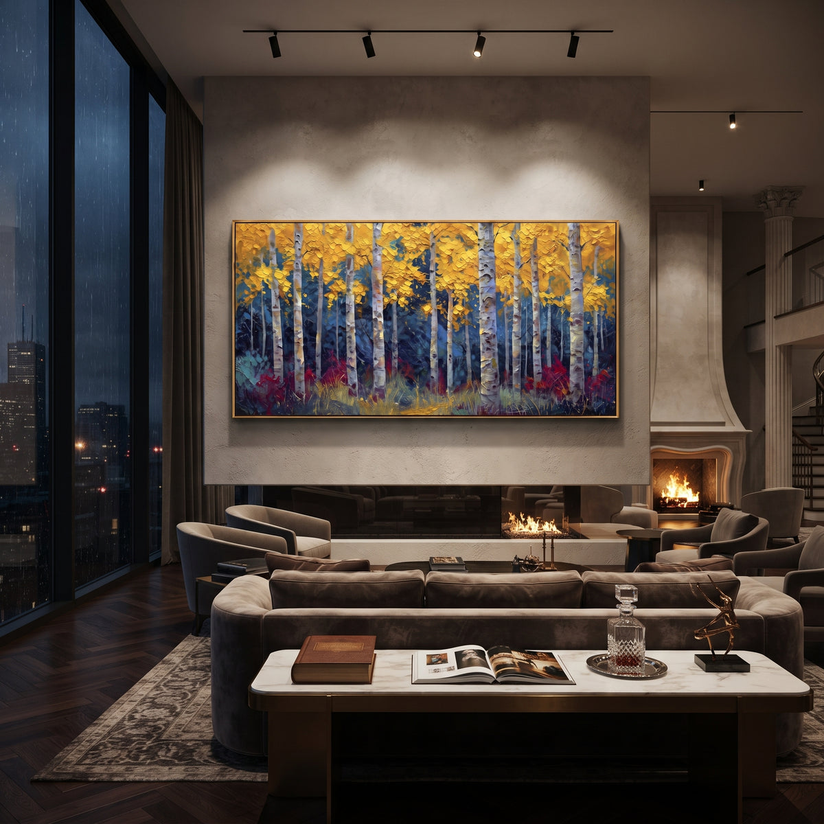 ARTWORK DETAILS Blue Shadow Golden Birch Painting is built from the actual artwork image: dark blue shadowed birches under a bright golden canopy. The composition uses raised texture to separate tree trunks, leaf masses, ground movement, and soft background atmosphere, so the surface reads with real hand-painted depth from different viewing angles. The color direction is blue, yellow, white, chosen to keep the autumn mood warm while still leaving enough pale air and cool contrast for modern