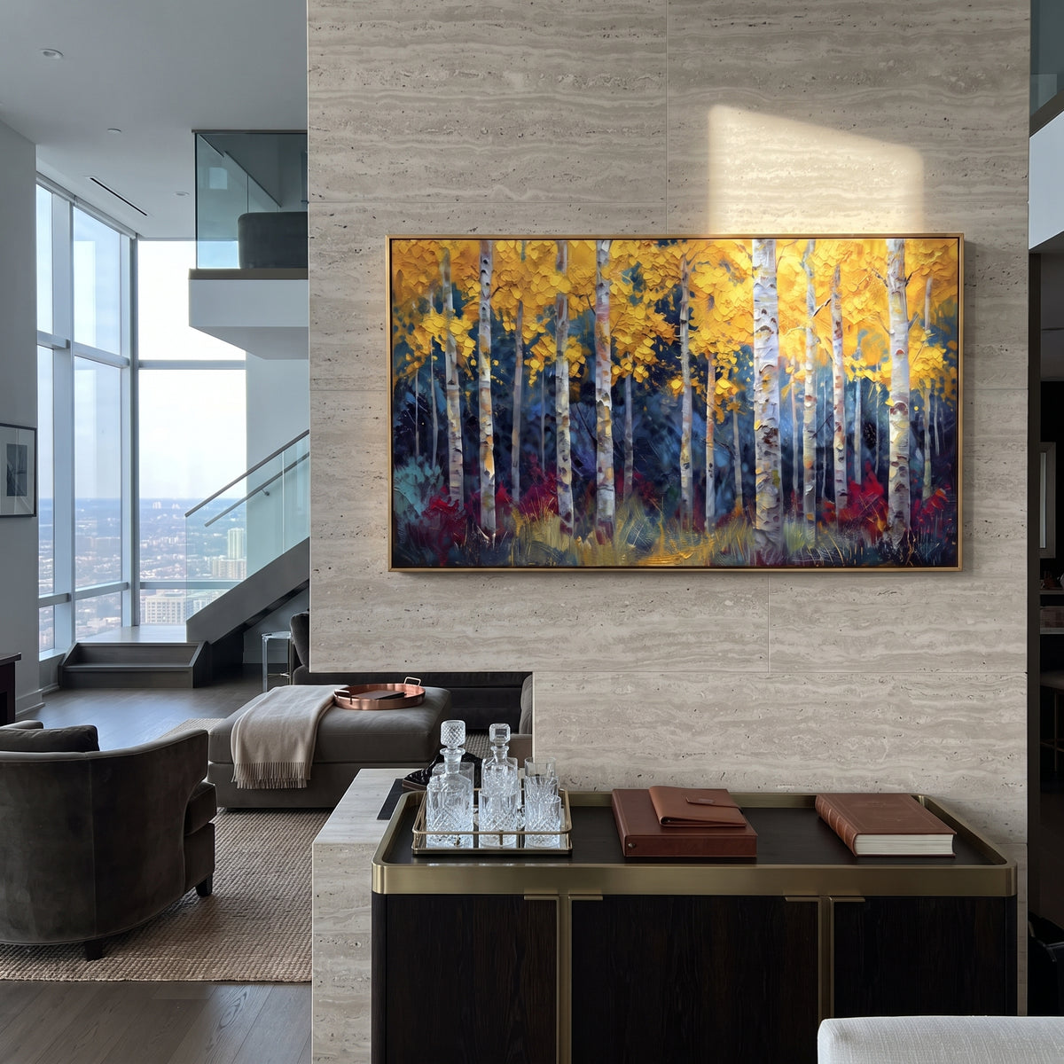 ARTWORK DETAILS Blue Shadow Golden Birch Painting is built from the actual artwork image: dark blue shadowed birches under a bright golden canopy. The composition uses raised texture to separate tree trunks, leaf masses, ground movement, and soft background atmosphere, so the surface reads with real hand-painted depth from different viewing angles. The color direction is blue, yellow, white, chosen to keep the autumn mood warm while still leaving enough pale air and cool contrast for modern