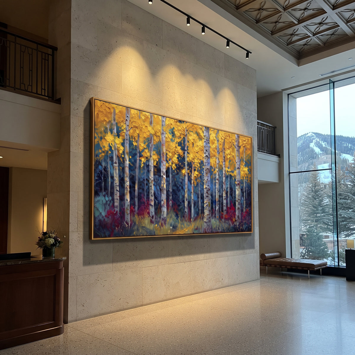 ARTWORK DETAILS Blue Shadow Golden Birch Painting is built from the actual artwork image: dark blue shadowed birches under a bright golden canopy. The composition uses raised texture to separate tree trunks, leaf masses, ground movement, and soft background atmosphere, so the surface reads with real hand-painted depth from different viewing angles. The color direction is blue, yellow, white, chosen to keep the autumn mood warm while still leaving enough pale air and cool contrast for modern