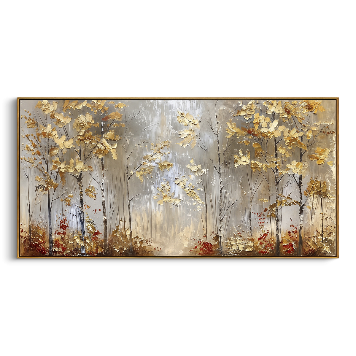 ARTWORK DETAILS Champagne Gold Woodland Painting is built from the actual artwork image: soft champagne woodland with gold foliage and red ground notes. The composition uses raised texture to separate tree trunks, leaf masses, ground movement, and soft background atmosphere, so the surface reads with real hand-painted depth from different viewing angles. The color direction is beige, yellow, red, chosen to keep the autumn mood warm while still leaving enough pale air and cool contrast for modern