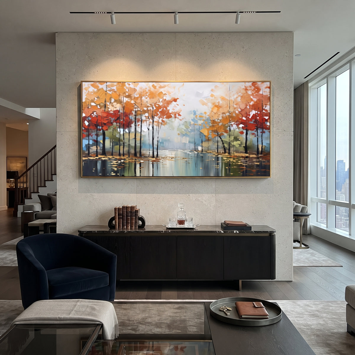 ARTWORK DETAILS Autumn Lake Tree Row Painting is built from the actual artwork image: warm tree row reflected across a calm autumn lake. The composition uses raised texture to separate tree trunks, leaf masses, ground movement, and soft background atmosphere, so the surface reads with real hand-painted depth from different viewing angles. The color direction is orange, blue, green, chosen to keep the autumn mood warm while still leaving enough pale air and cool contrast for modern interiors.