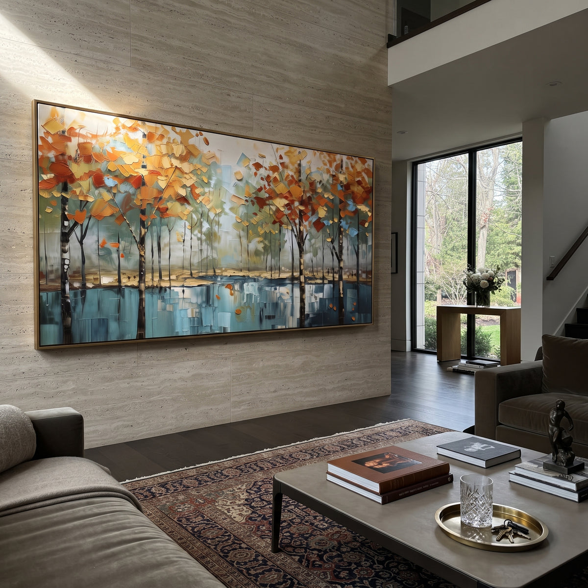 ARTWORK DETAILS Reflected Lake Grove Painting is built from the actual artwork image: orange tree grove and reflections across blue green water. The composition uses raised texture to separate tree trunks, leaf masses, ground movement, and soft background atmosphere, so the surface reads with real hand-painted depth from different viewing angles. The color direction is orange, blue, green, chosen to keep the autumn mood warm while still leaving enough pale air and cool contrast for modern